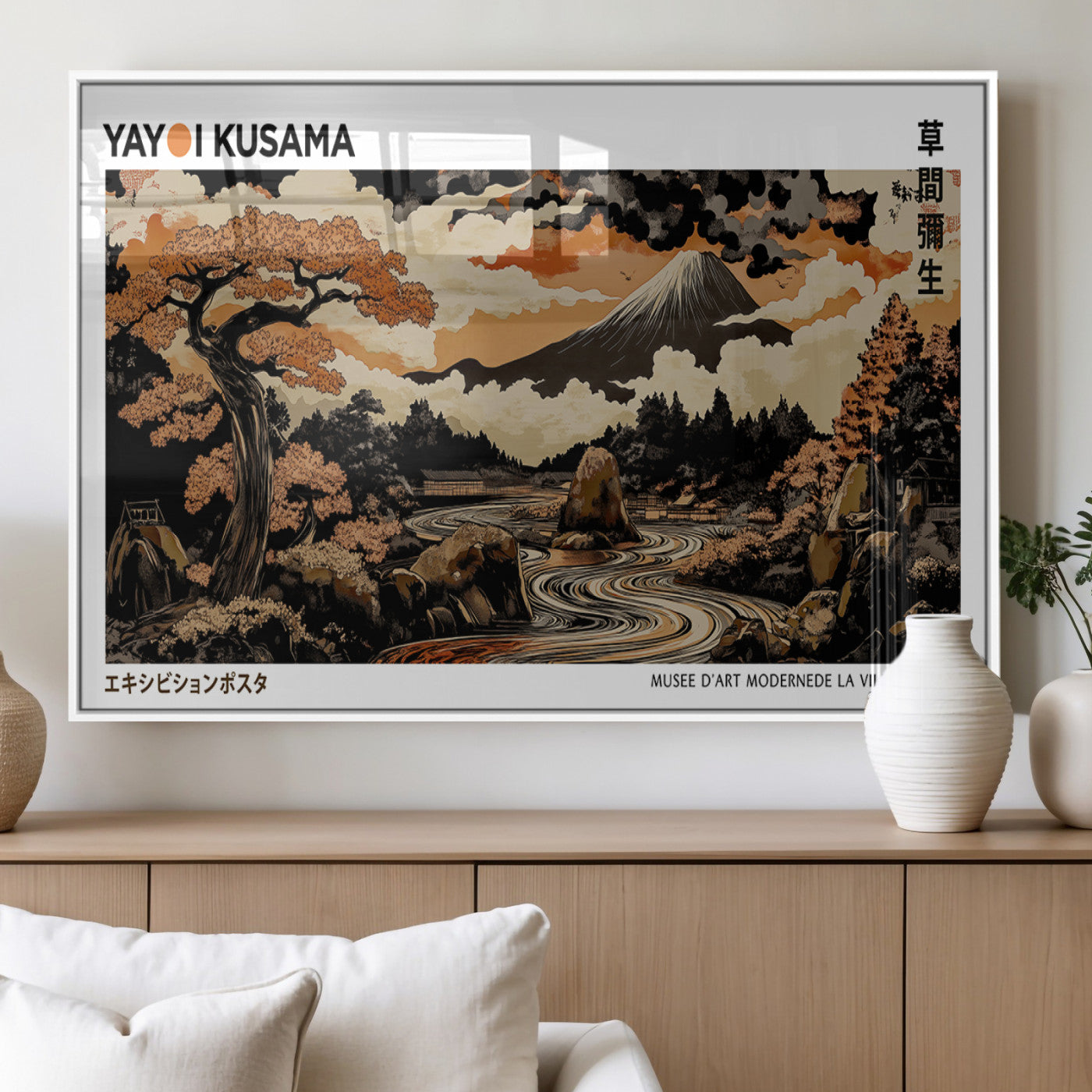 96372548-MGV-FP-36X24-3P_White-Modern Japanese Wall Art Canvas Print – Framed Abstract Mount Fuji Scene with Yayoi Kusama Style Artwork for Home, Office