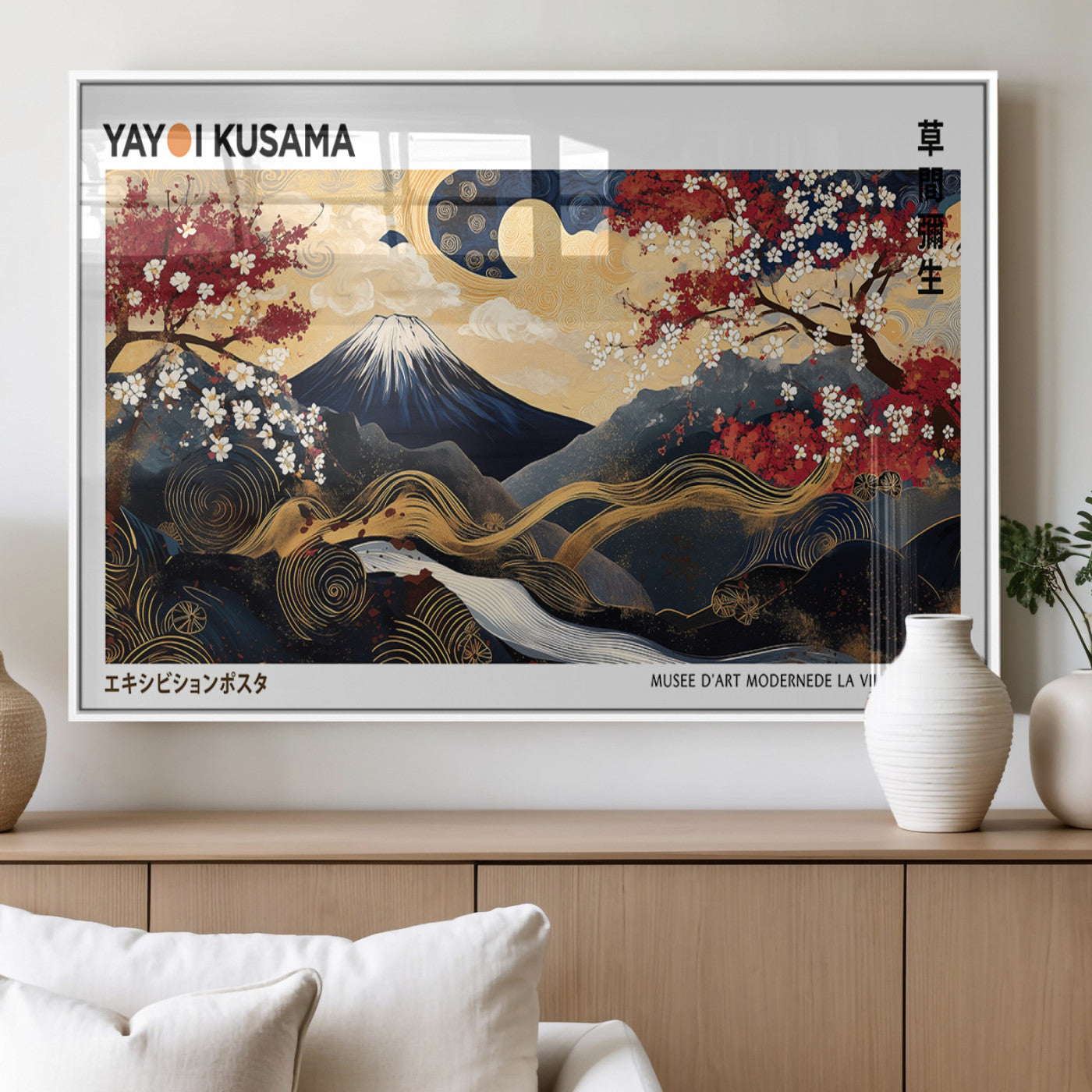 66243961-MGV-FP-36X24-3P_White-Modern Mount Fuji Wall Art Canvas Print – Framed Abstract Mount Fuji Scene with Yayoi Kusama Artwork for Home, Office