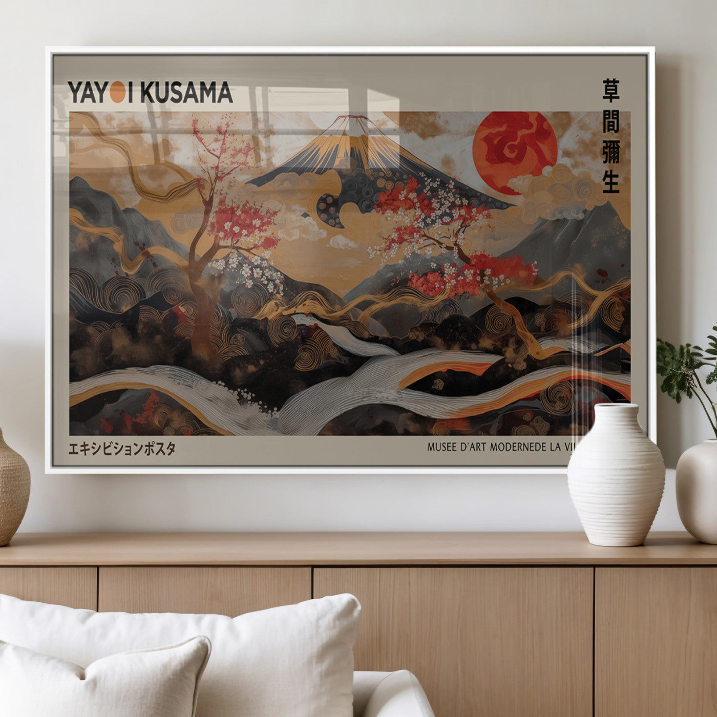 77970791-MGV-FP-36X24-3P_White-Modern Japanese Wall Art Canvas Print – Framed Abstract Mount Fuji Scene with Yayoi Kusama Artwork for Home, Office