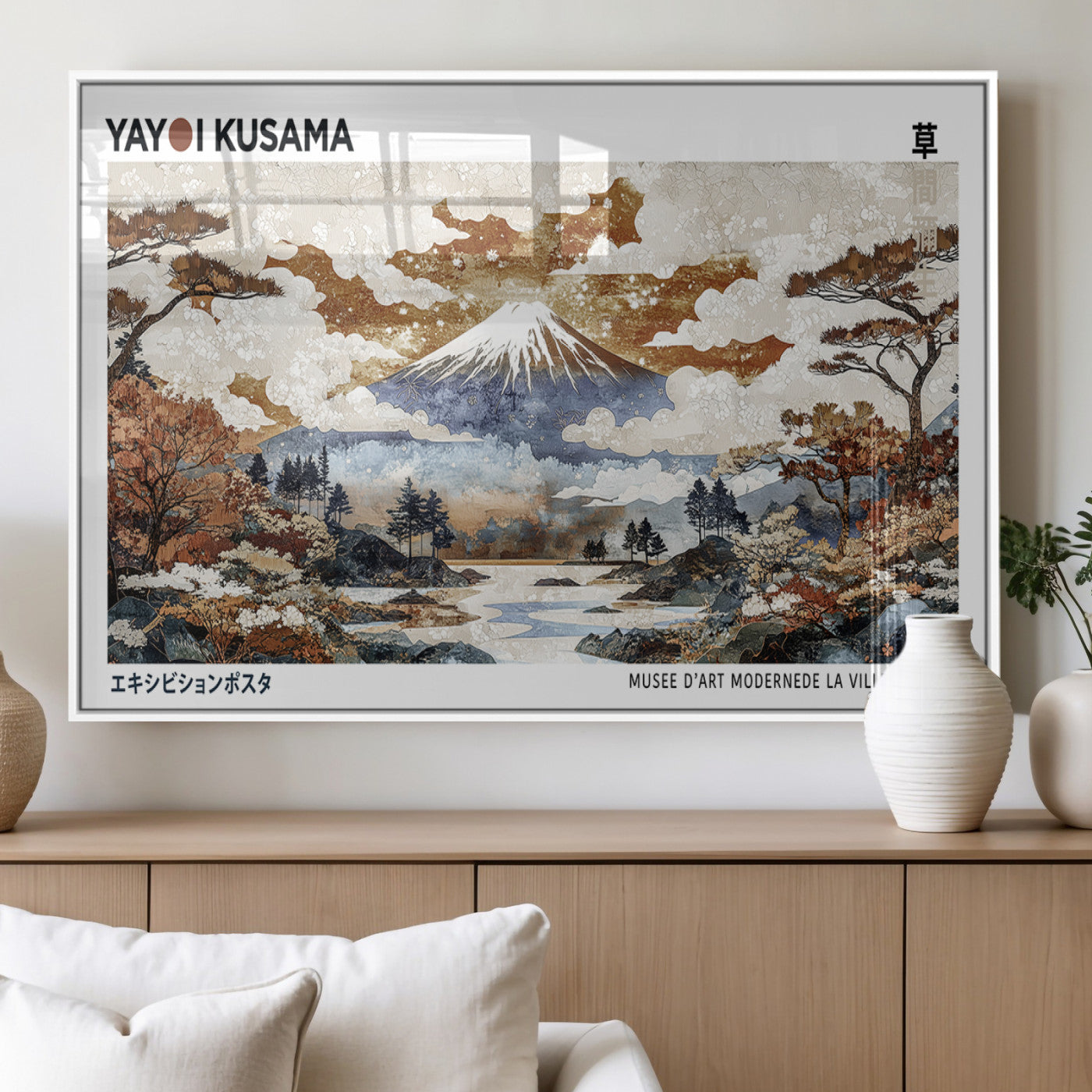 80111817-MGV-FP-36X24-3P_White-Modern Japanese Wall Art Canvas Print – Framed Abstract Mount Fuji Scene with Yayoi Kusama Artwork for Home, Office