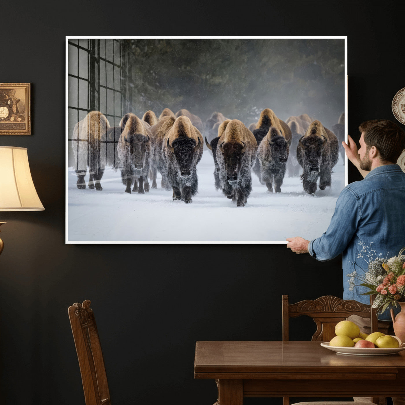 41669135-MGV-CV-36X24 - Winter Bison Herd Wall Art – Majestic Buffalo Charge Canvas Print with Snow Covered Plains, Rustic Wildlife Strength and Untamed Nature Decor for Home and Office