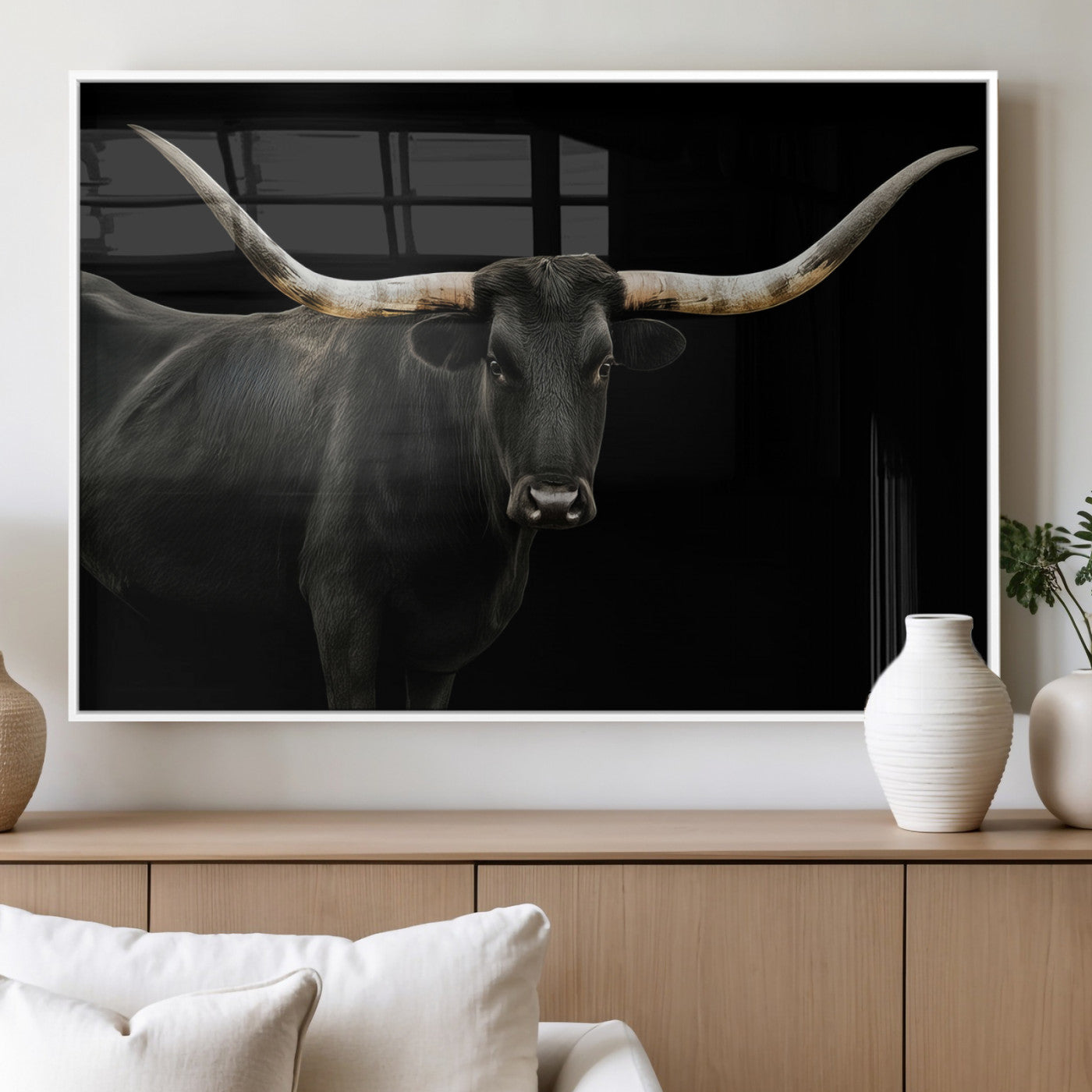 23572907-MGV-FP-36X24-3P_White-Texas Longhorn Wall Art Canvas Print, Framed Rustic Western Art Picture Print, Farmhouse Animal Perfect Modern Western Minimalist Decor Artwork