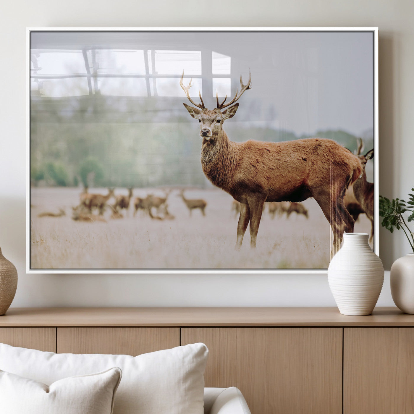 53240224-MGV-FP-36X24-3P_White-Rustic Deer Wall Art Canvas Print – Forest Woodland Stag Nordic Animal Scenic Nature Artwork for Home, Cabin