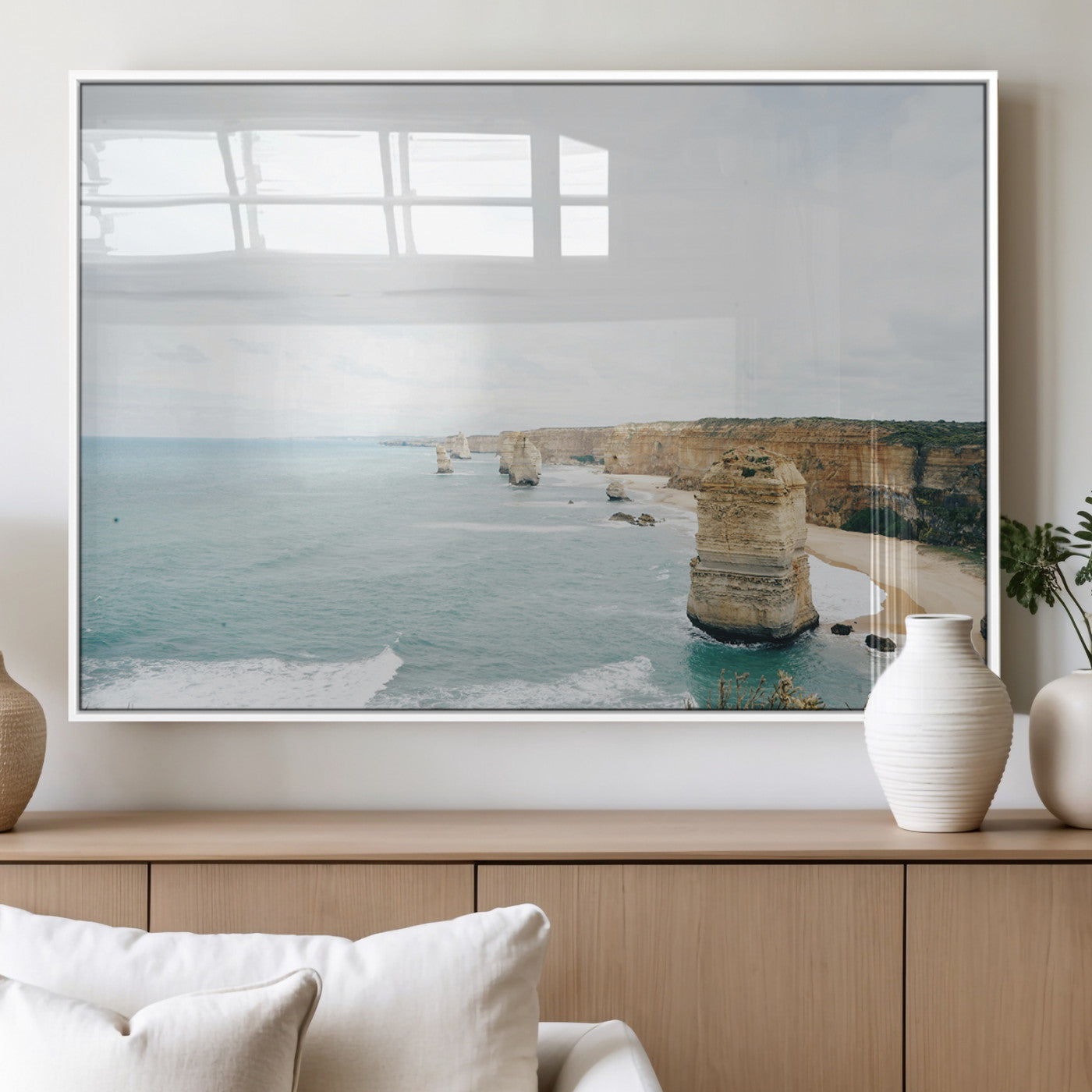 70095633-MGV-FP-36X24-3P_White-Twelve Apostles Wall Art Canvas Print – Framed Coastal Cliffs Rugged Rock Formations Artwork for Home Office