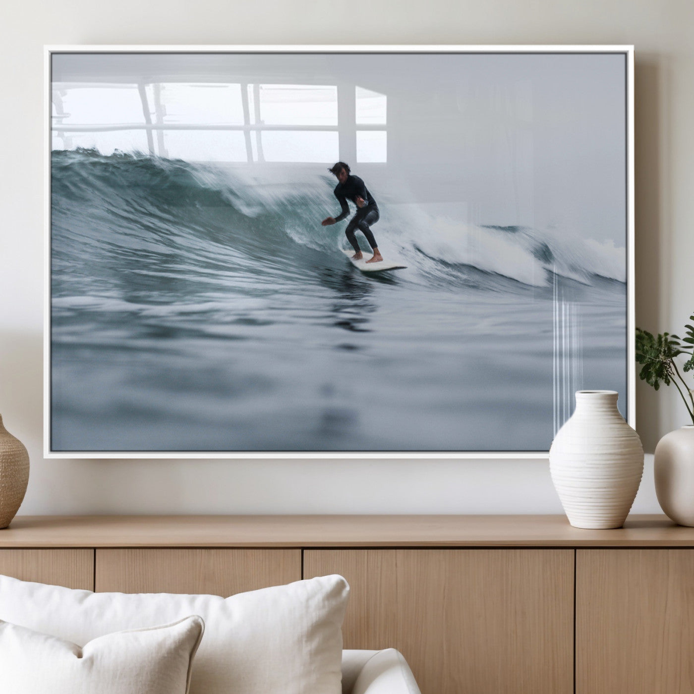 11693607-MGV-FP-36X24-3P_White-Surfer on Wave Wall Art Canvas Print – Framed Ocean Adventure Motion Blur Water Coastal Action Artwork for Home, Office