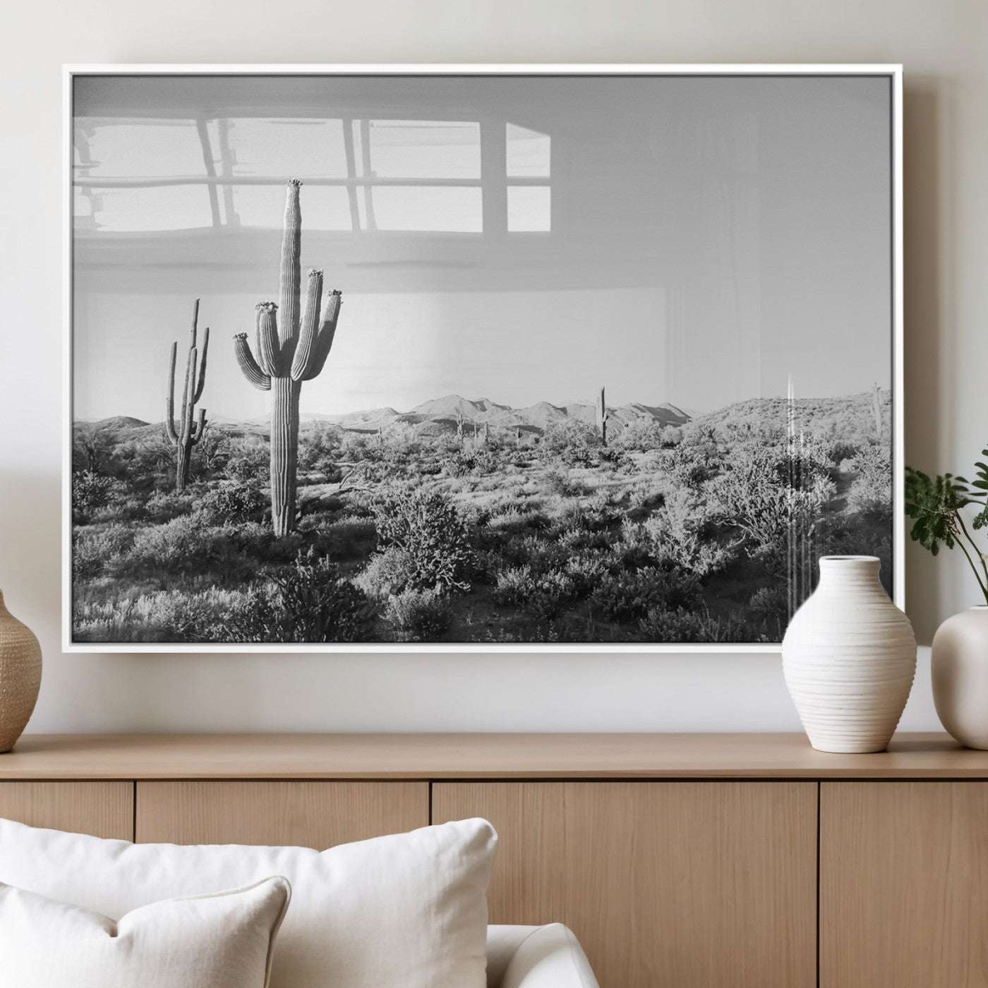 85205054-MGV-FP-36X24-3P_White-Saguaro Cactus Wall Art Canvas Print – Framed Monochrome Landscape Scenic Arizona Minimalist Western Artwork for Home, Office