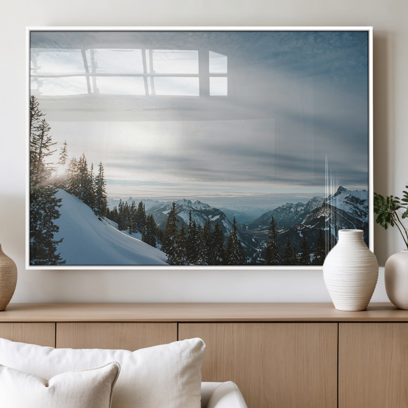 55564749-MGV-FP-36X24-3P_White-Snowy Mountains Wall Art Canvas Print – Framed Alpine Landscape Frosty Peaks Nordic Minimalist Nature Artwork for Home, Office