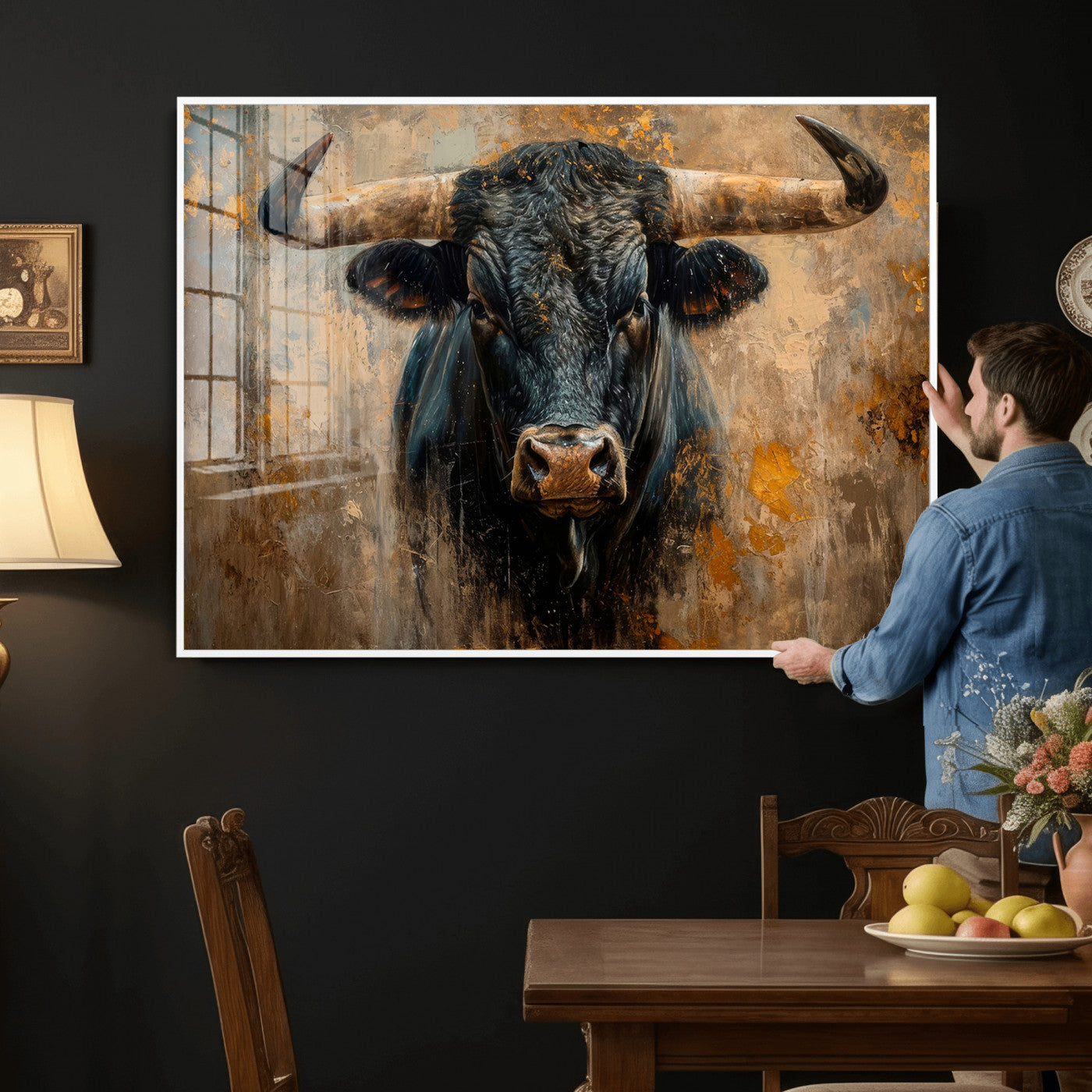91615410-MGV-CV-36X24 - Abstract Texas Longhorn Bull Wall Art – Rustic Farmhouse Canvas Print, Western Cabin Style Decor, Large Animal Artwork for Living Room or Office