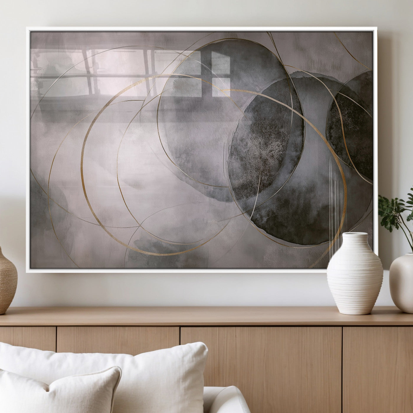 20066876-MGV-FP-36X24-3P_White-Abstract Grey Gold Circle Wall Art – Modern Geometric Canvas Artwork, Minimal Elegant Design, Luxury Wall Decor for Home, Office