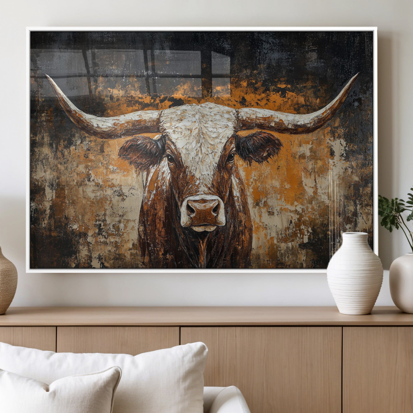 25265572-MGV-FP-36X24-3P_White-Rustic Longhorn Bull Wall Art Canvas Print – Vintage Western Cattle Scene, Texas Steer Artwork for Home, Office