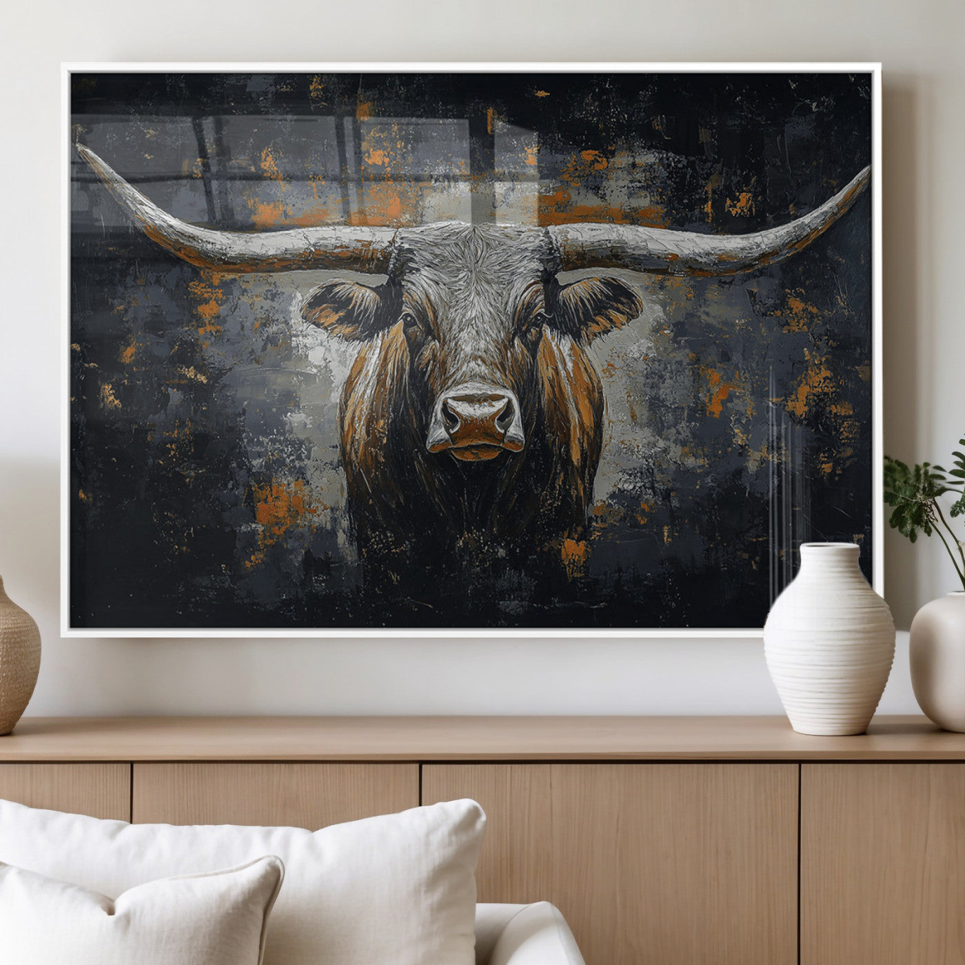 93195031-MGV-FP-36X24-3P_White-Rustic Longhorn Bull Wall Art Canvas Print – Vintage Western Cattle Scene, Texas Steer Artwork for Home, Office