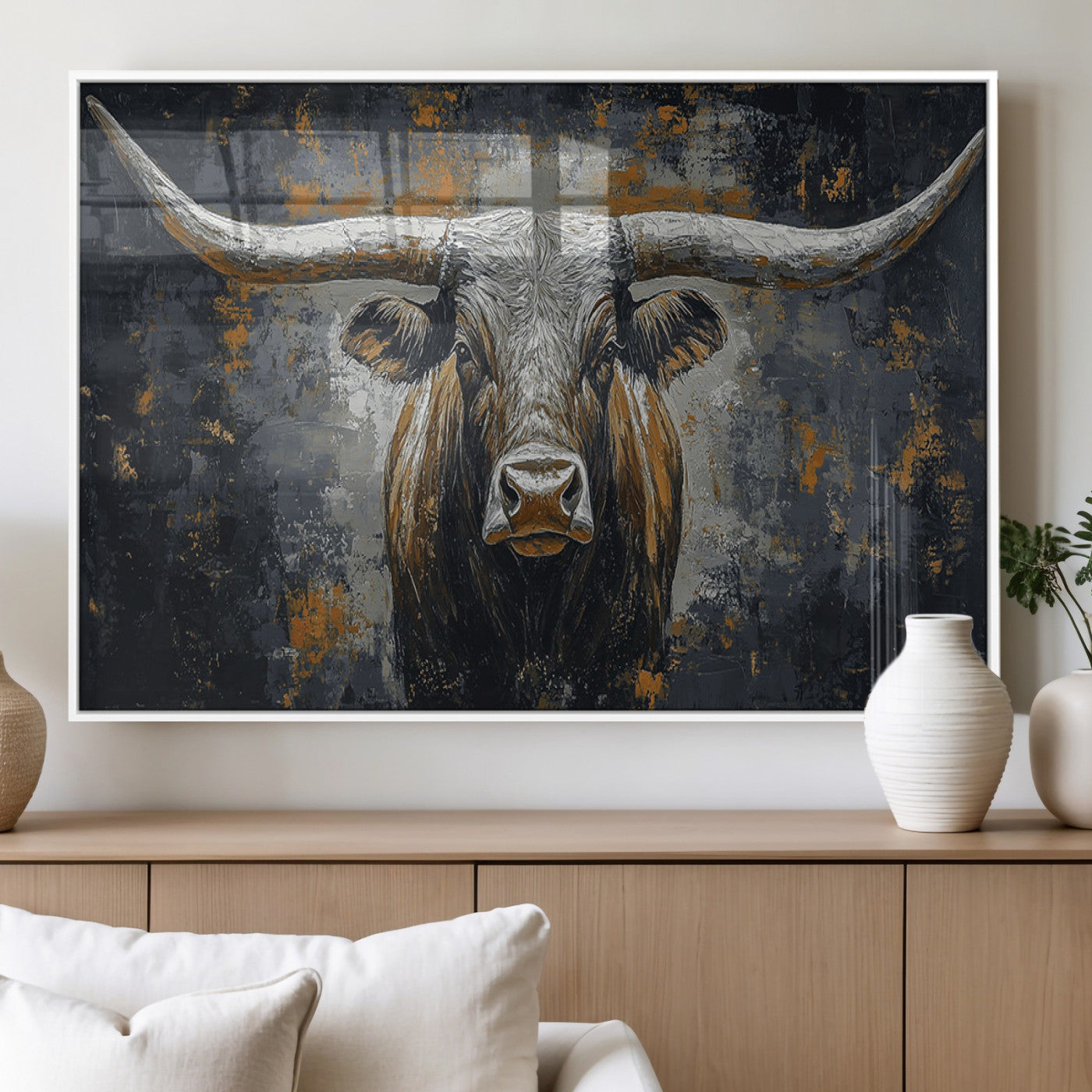 73972561-MGV-CV-36X24 - Bold Bull Wall Art Canvas – Striking Portrait with Wide Horns and Rich Brown Hues, Rustic Farmhouse and Western Decor for Home Room