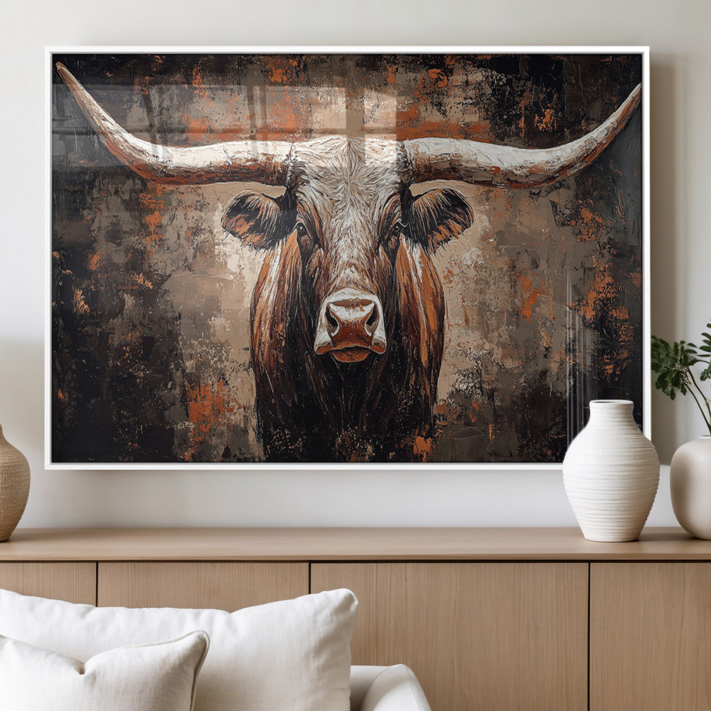 42732393-MGV-FP-36X24-3P_White-Rustic Longhorn Bull Wall Art Canvas Print – Vintage Western Cattle Scene, Texas Steer Artwork for Home, Office