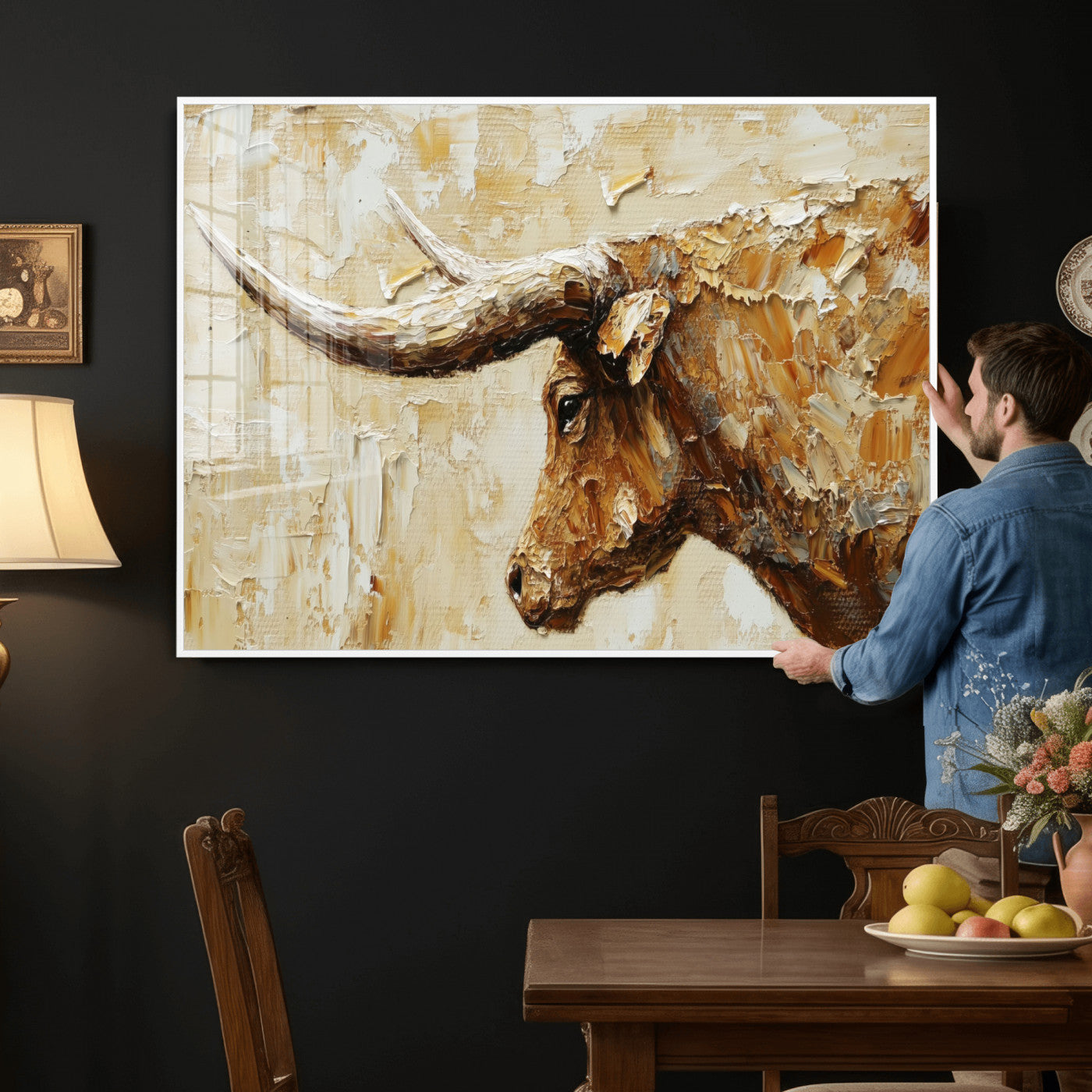 69611428-MGV-CV-36X24 - Rustic Longhorn Bull Wall Art Canvas Print – Vintage Western Cattle Painting, Texas Abstract Wall Cow Prints