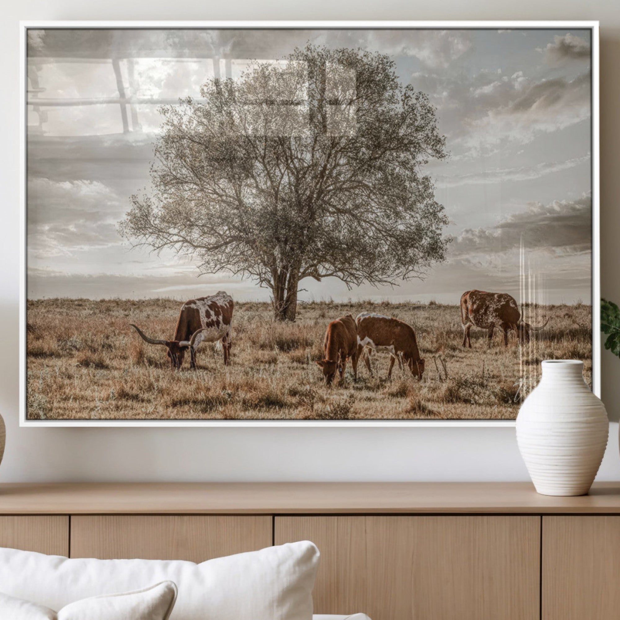 Texas Longhorn Cattle Wall Art Canvas Print – Rustic Western Ranch Scene with Steers at Sunset, Perfect for Farmhouse or Cowboy Decor