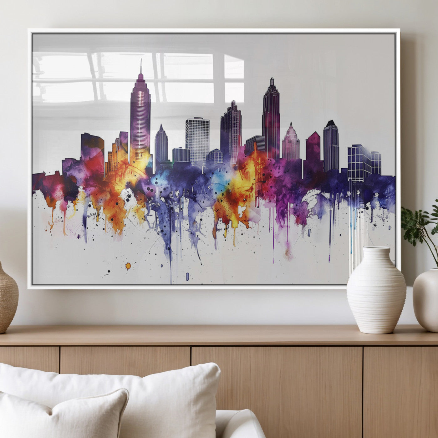 34479880-MGV-FP-36X24-3P_White-Atlanta Skyline Wall Art Canvas Print – Framed Colorful Watercolor Cityscape Artwork for Home, Office, Living Room