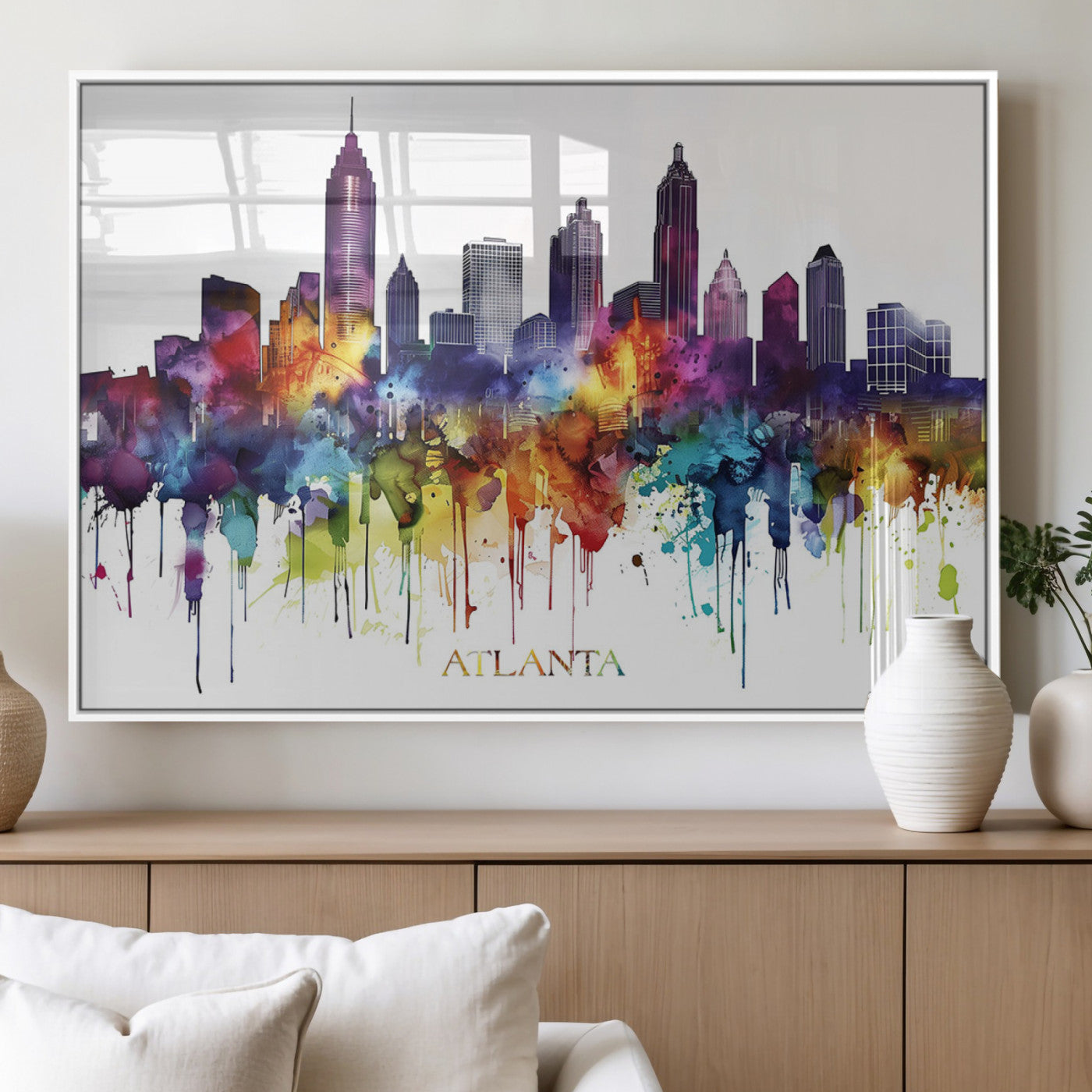36048320-MGV-FP-36X24-3P_White-Atlanta Skyline Wall Art Canvas Print – Framed Colorful Watercolor Cityscape Abstract Urban Artwork for Home, Office