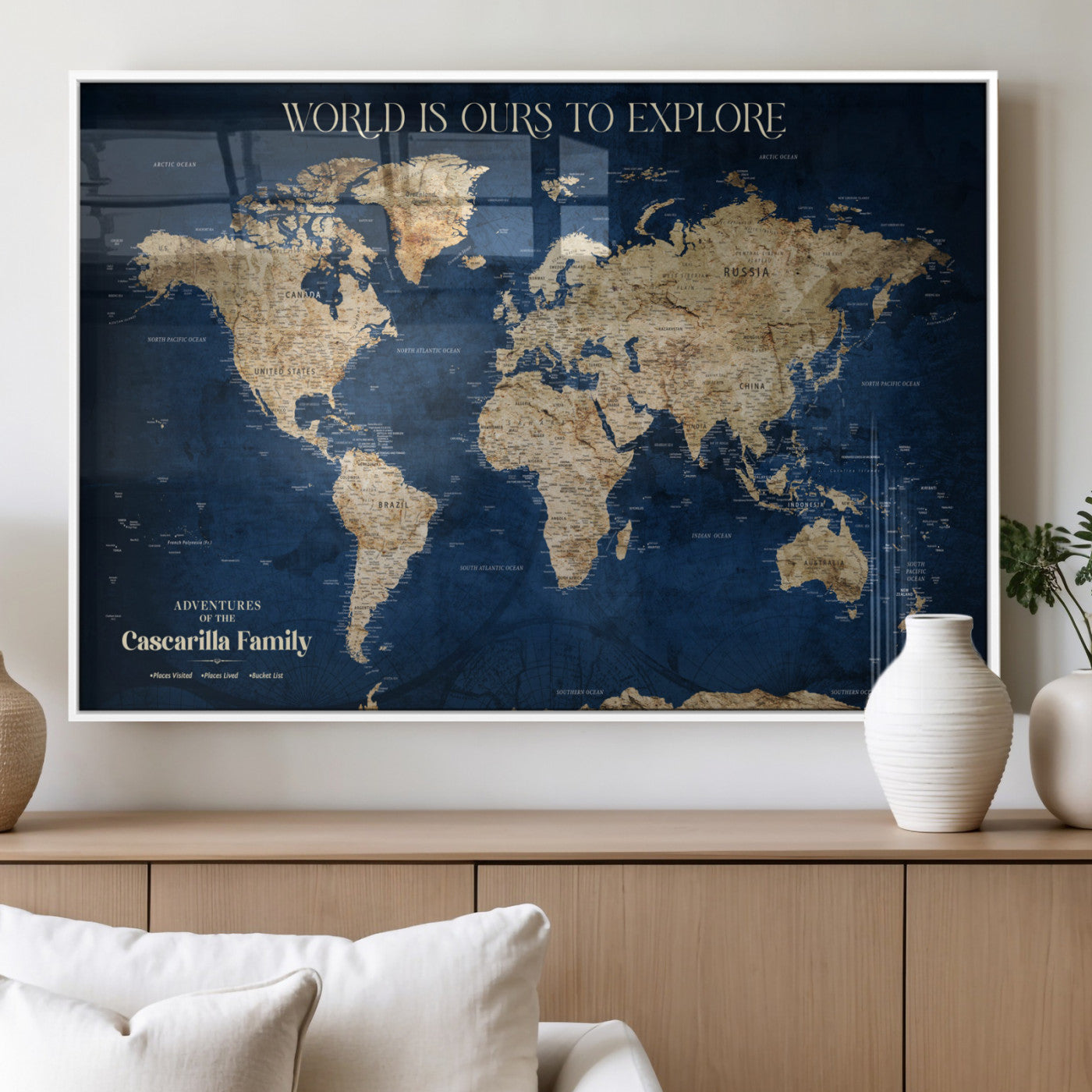 54782997-MGV-FP-36X24-3P - Personalized Push Pin World Map Canvas Print – Custom Travel Tracker Wall Art, Large World Map Decor for Home, Office