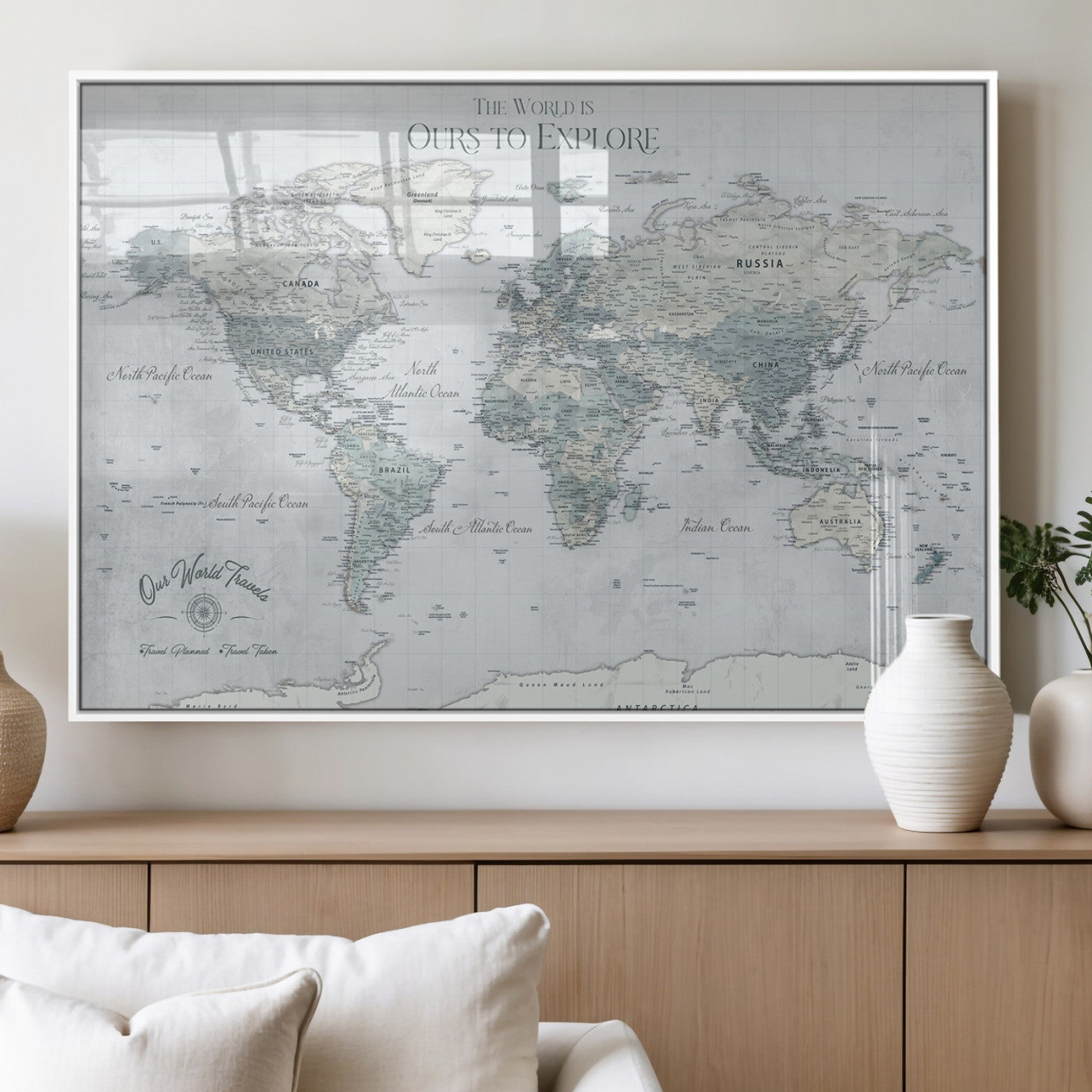Rehber01-MGV-CV-36X24-Personalized Push Pin World Map Canvas Print – Custom Framed Travel Tracker Wall Art Large Map Artwork for Home, Office