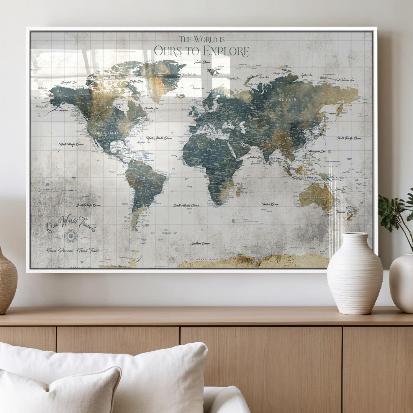 14988581-MGV-FP-36X24 - Custom Push Pin World Map Wall Canvas Print – Personalized Travel Tracker with Pins – Framed Custom Quotie Canvas for Home Office Decor