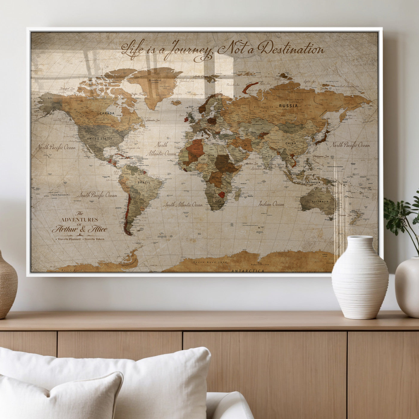 79036691-MGV-FP-36X24-3P_White-Personalized World Map Canvas Wall Art – Custom Framed Push Pin Travel Tracker Print, Unique Gift for Home or Office Decor