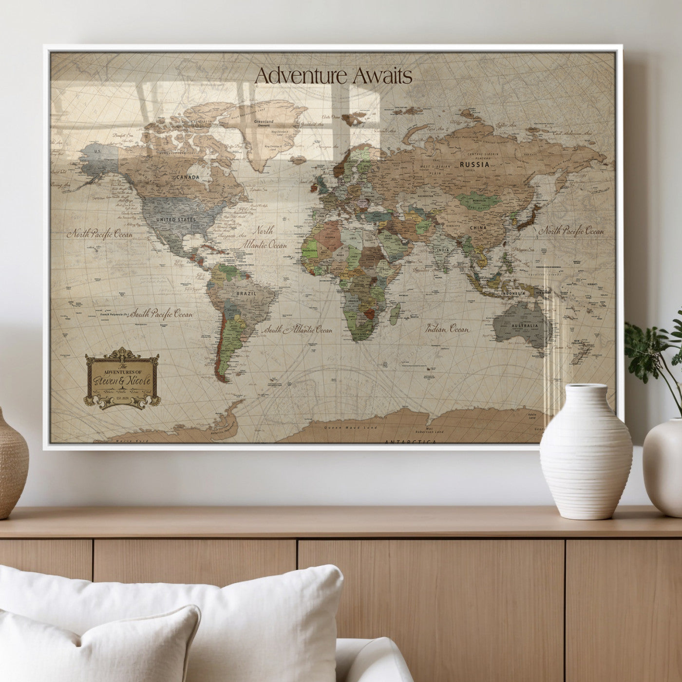 33020399-MGV-FP-36X24-3P_White-Personalized World Map Canvas Print – Custom Push Pin Travel Tracker Map Anniversary Gift for Couples for Home, Office