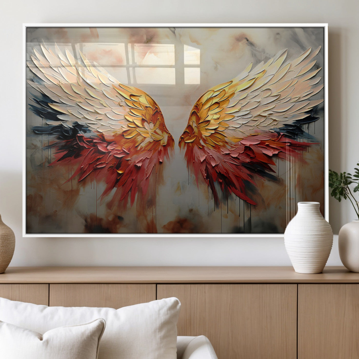 9090702967021-MGV-FP-36X24_White-Vibrant Angel Wings Wall Art Canvas Print – Gold Red Abstract Feathered Dreamy Spiritual Decor for Home, Office
