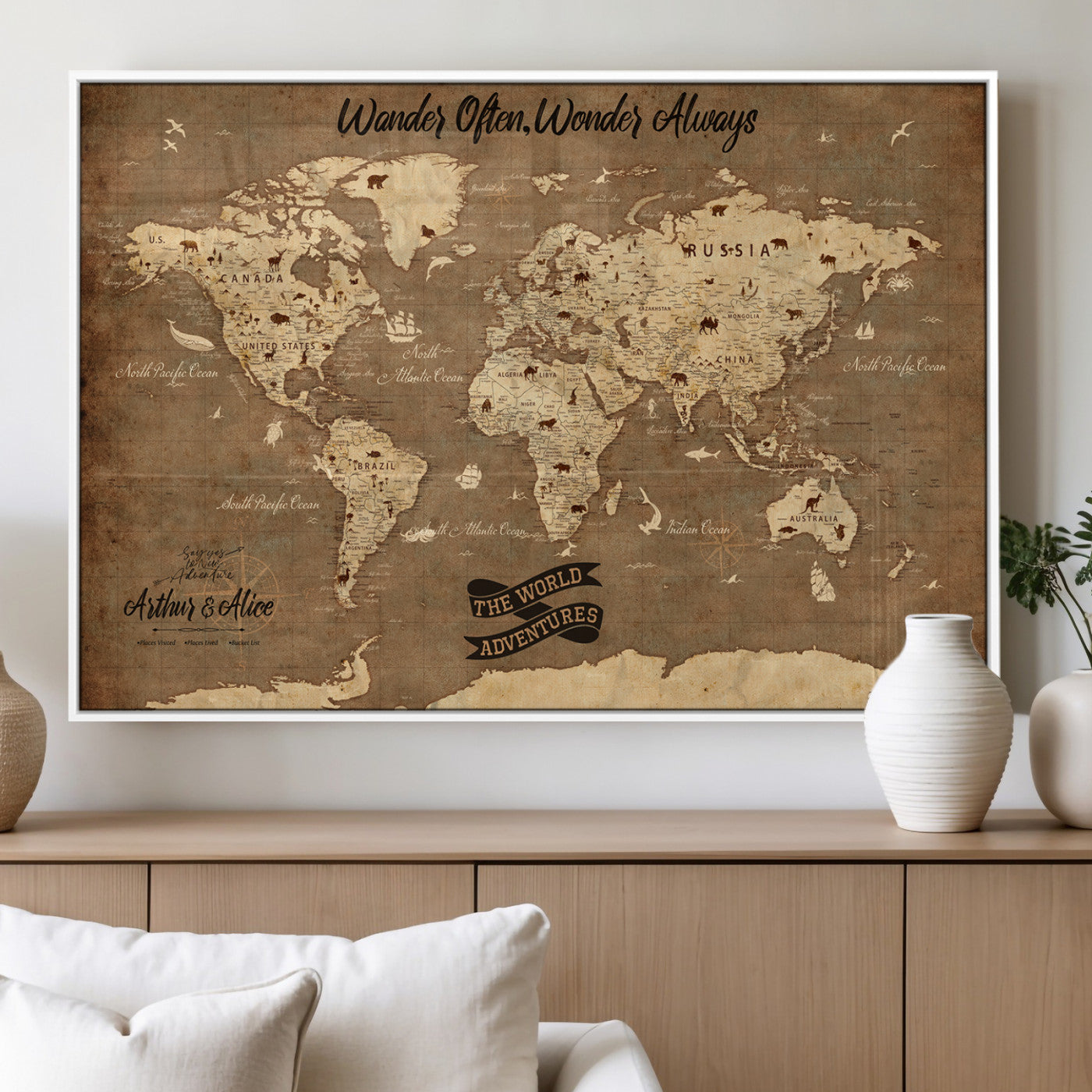Rehber01-MGV-CV-36X24-Customize Push Pin World Map Wall Art Canvas Print – Personalized Kids Room Framed Map Adventure Travel for home, office