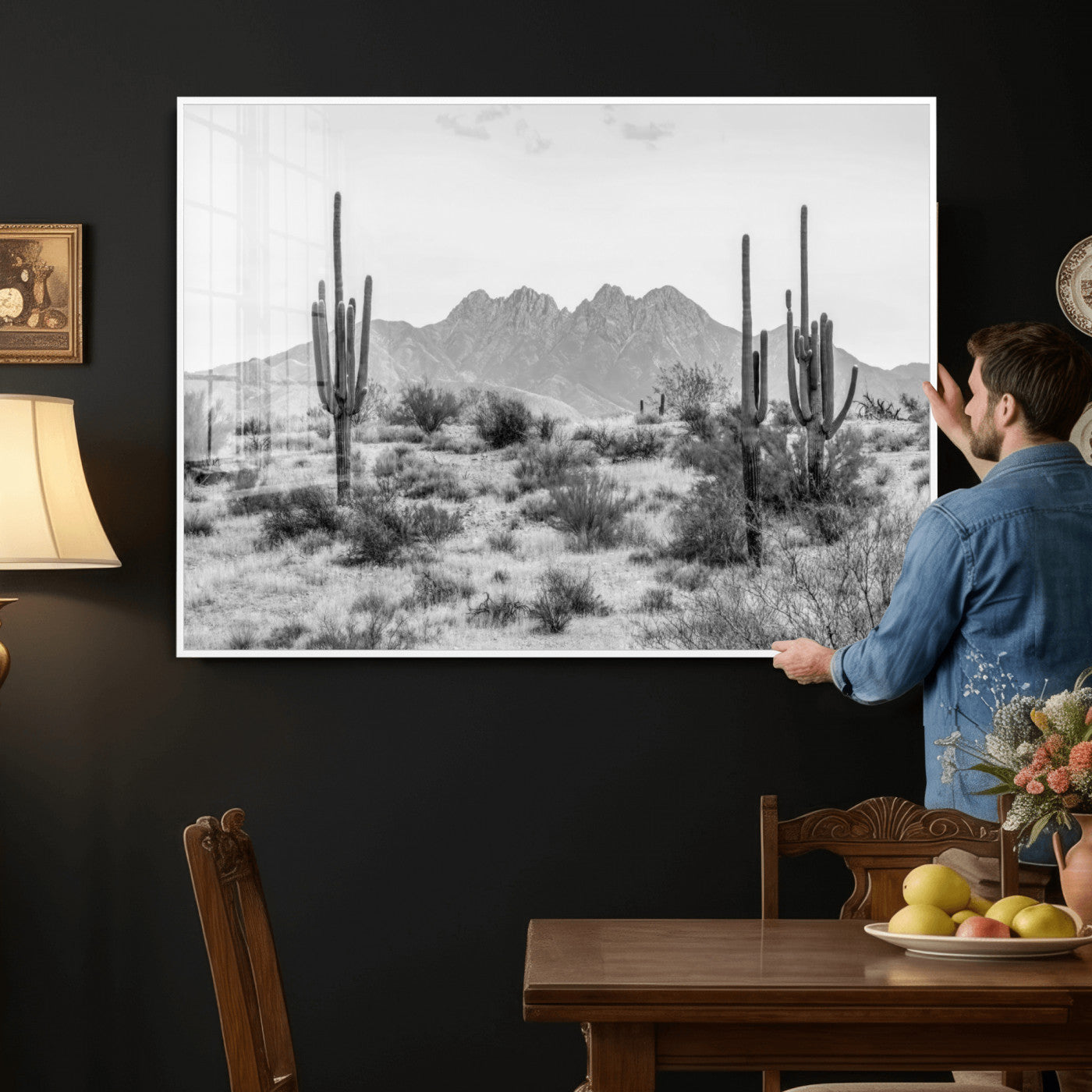97436PHN-MGV-CV-36X24 - Black White Arizona Desert Canvas Wall Art Cactus Farmhouse Wall Art