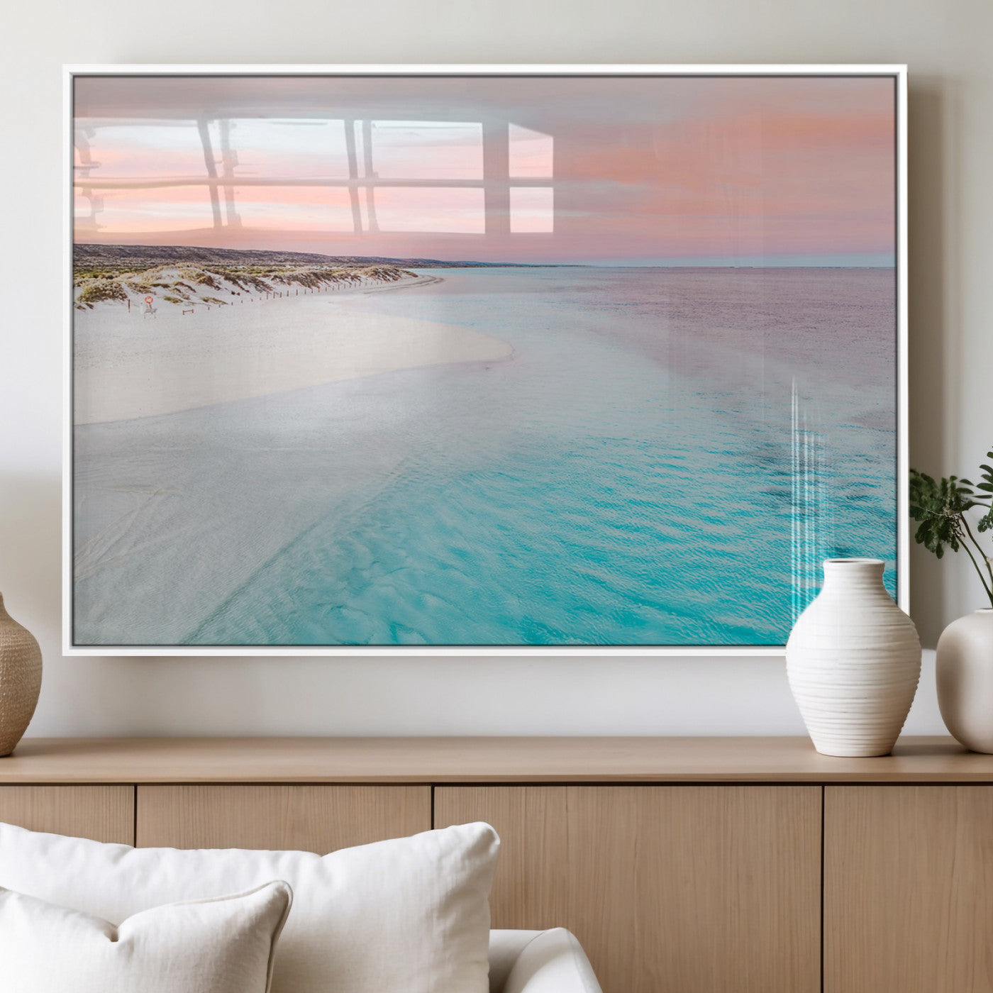 41613614-MGV-CV-60X30-3P_White-Serene Pastel Beach Canvas Wall Art Print, Tranquil Coastal Sunset Decor, Large Ocean Landscape Canvas for Living Room or Bedroom 1 Panel Wrapped