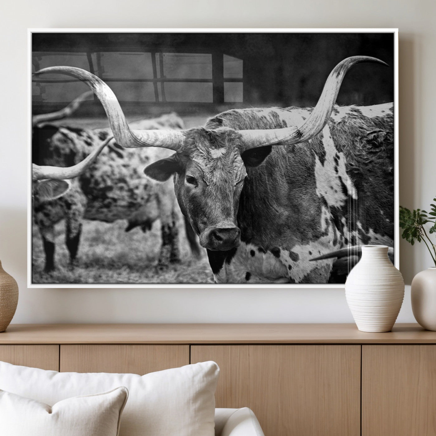 9090763161837-MGV-FP-36X24_White-Black & White Longhorn Cattle Wall Art Canvas Print, Rustic Farmhouse Western Design Artwork for Home, Office