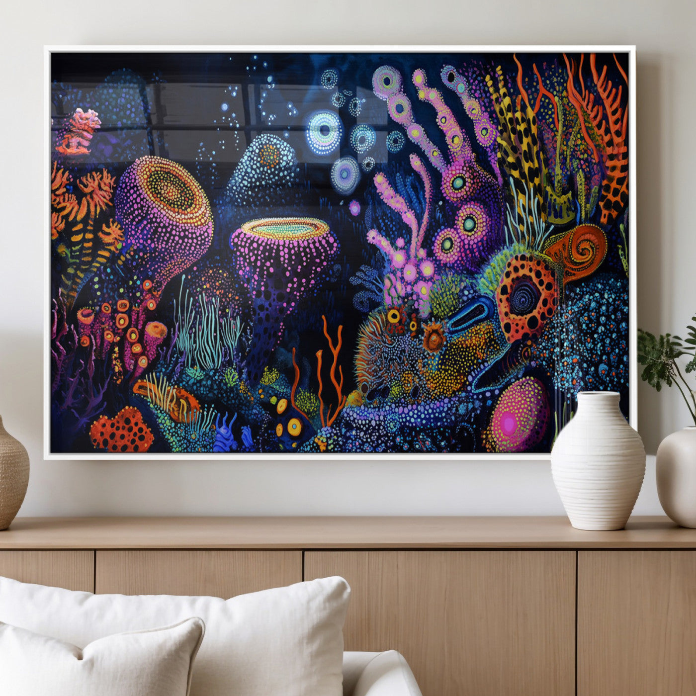 Vibrant and colorful abstract underwater coral reef artwork with diverse shapes and glowing patterns – Wall Art Canvas Print.
