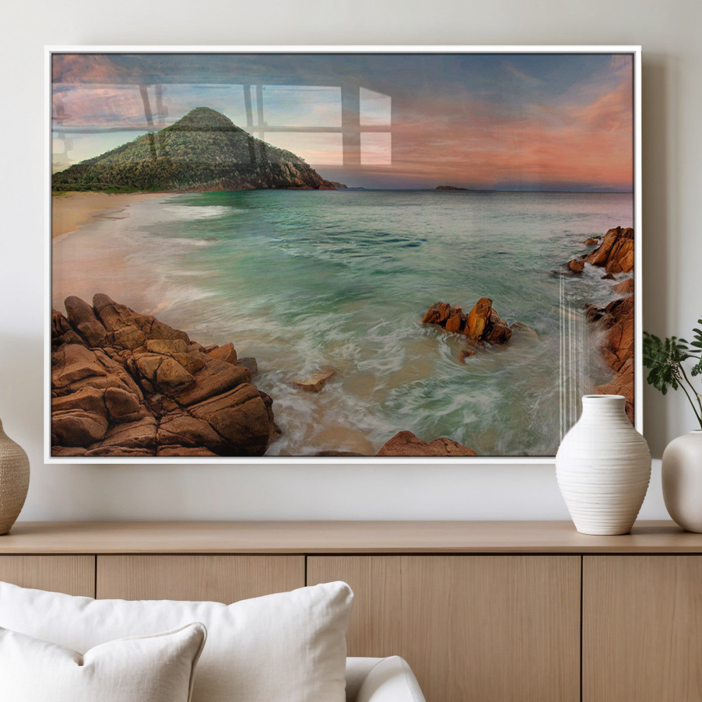 53831025-MGV-CV-60X30-3P_White-Stunning Coastal Landscape with Rocky Shore and Green Hills at Sunset – Beautiful Ocean View Wall Art Canvas Print for Serene Home Decor.
