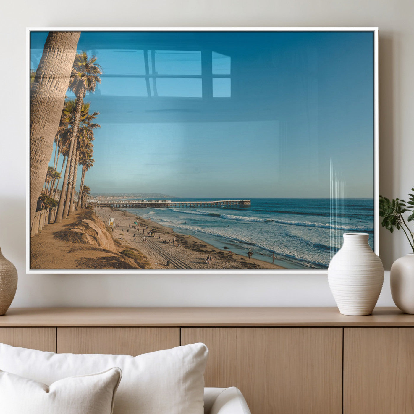 92568259-MGV-FP-36X24-3P_White-Scenic Beach Wall Art Canvas Print – Tall Palm Trees, Sandy Shore, Long Pier Stretching into Calm Ocean Artwork for Home, Office