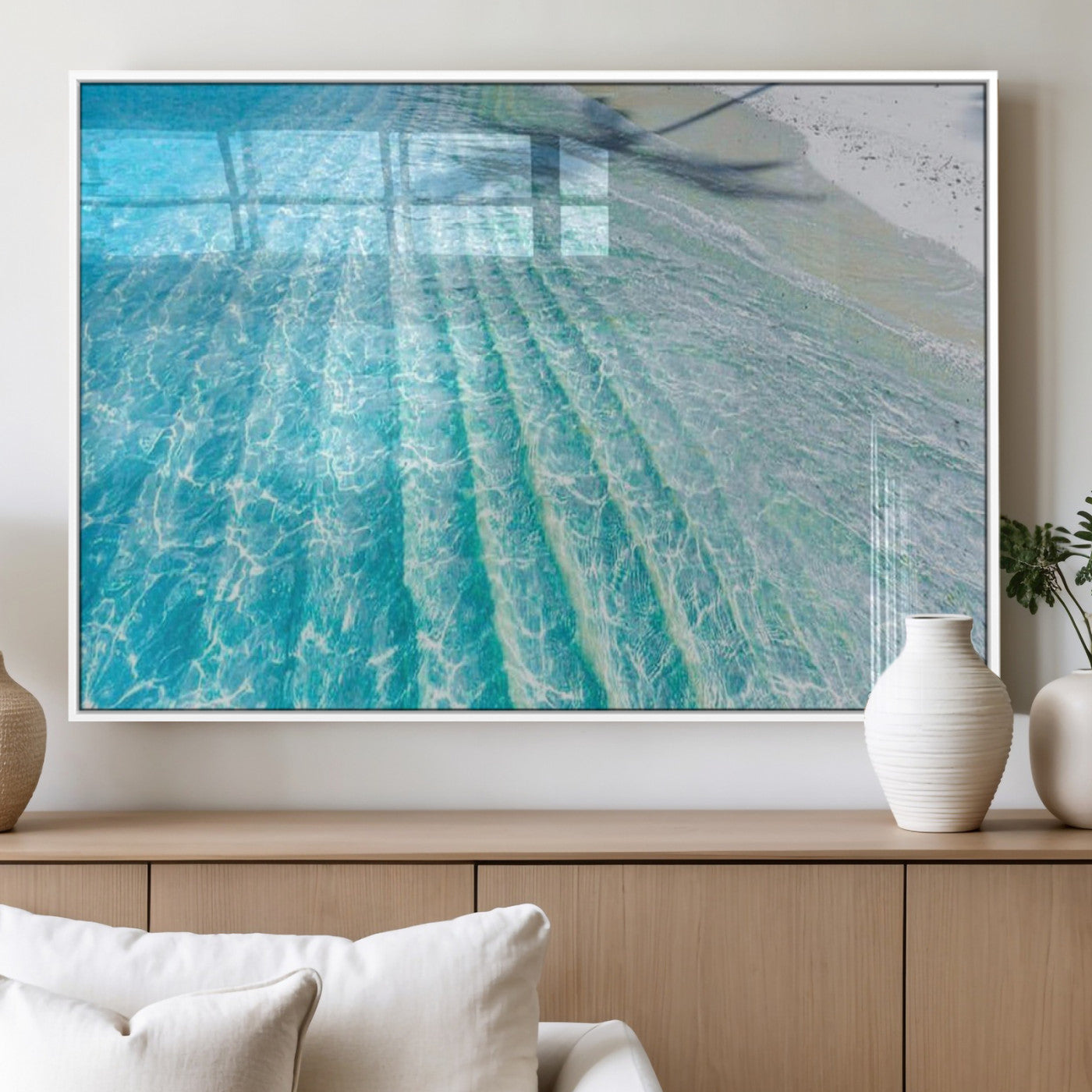 17528159-MGV-FP-36X24-3P_White-Crystal Clear Ocean Wall Art Canvas Print – Sunlight Reflections and Palm Tree Shadow on Sandy Beach Artwork for Home, Office