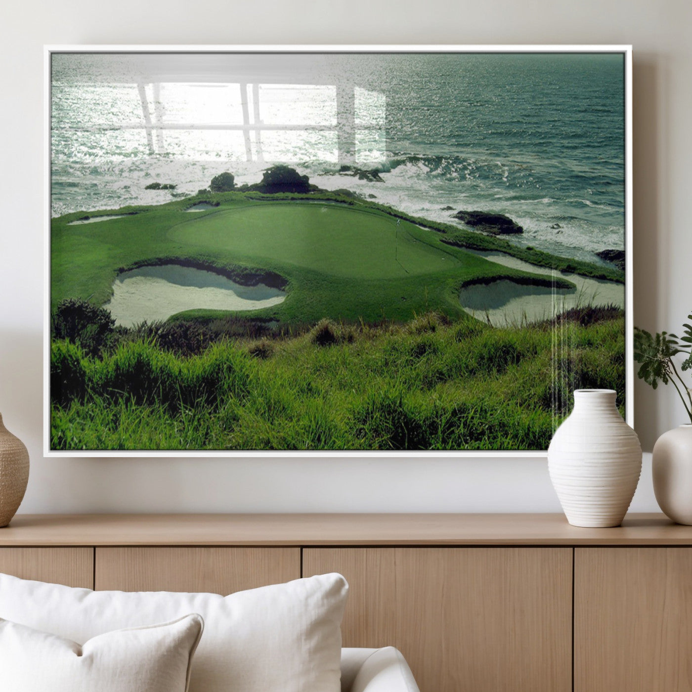 48473947-MGV-FP-36X24-3P_White-Coastal Golf Course Wall Art Canvas Print – Scenic Green Surrounded by Sand Bunkers and Ocean Waves Artwork for Home, Office