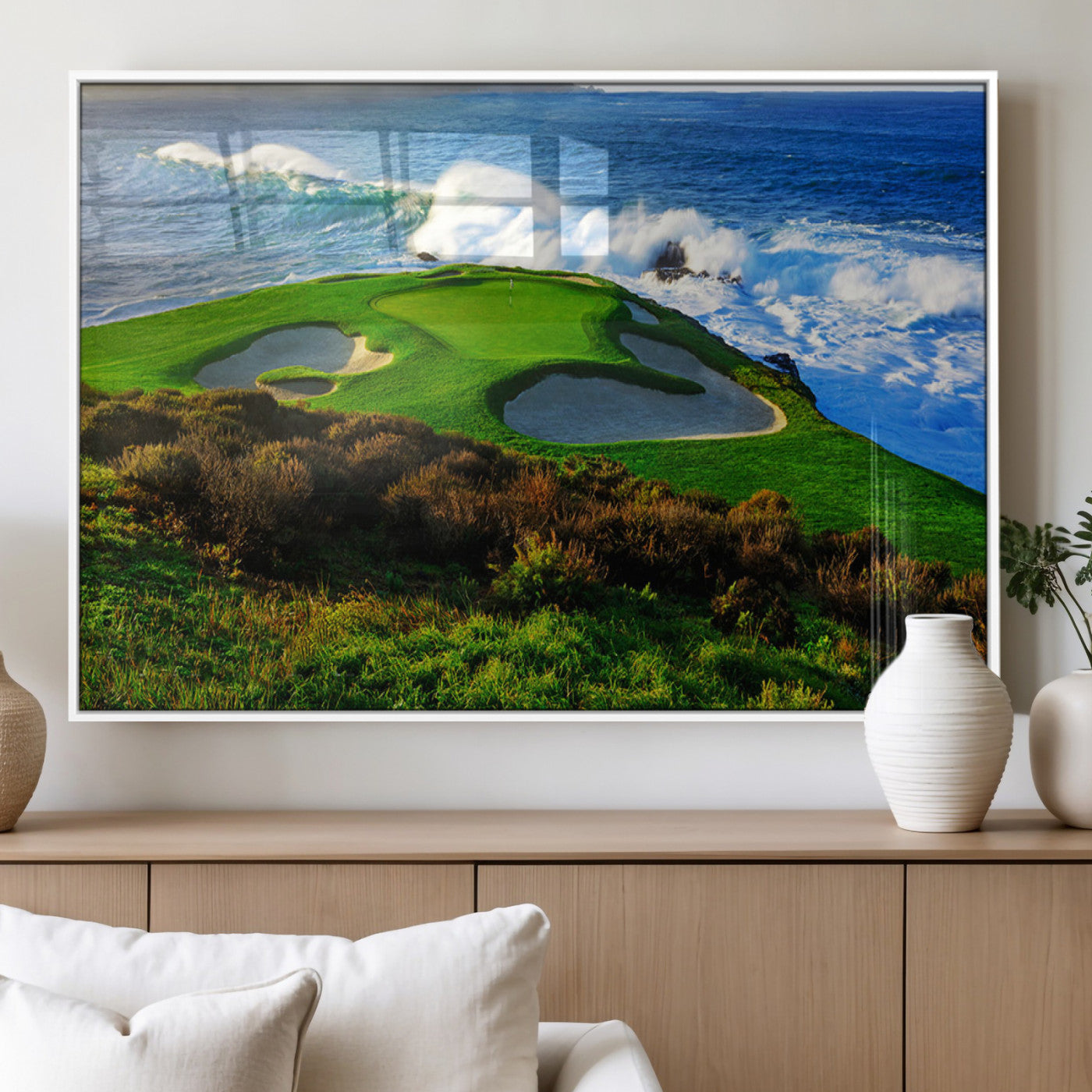 34181847-MGV-FP-36X24-3P_White-Coastal Golf Course Wall Art Canvas Print – Vibrant Green with Sand Bunkers Overlooking Ocean Waves Artwork for Home, Office