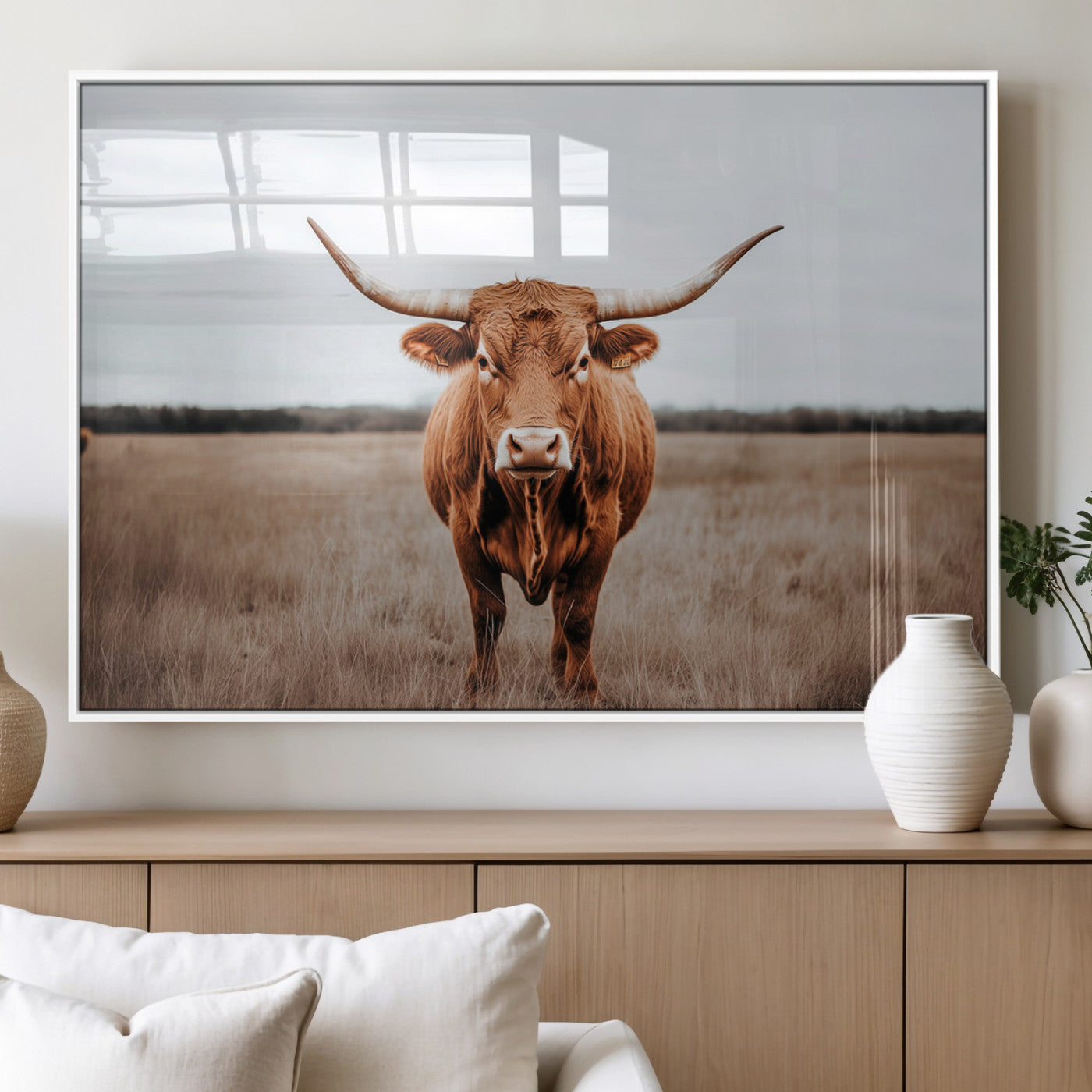 16316734-MGV-FP-36X24 - Longhorn bull, open field, rustic charm, natural beauty, Wall Art Canvas Print, countryside,