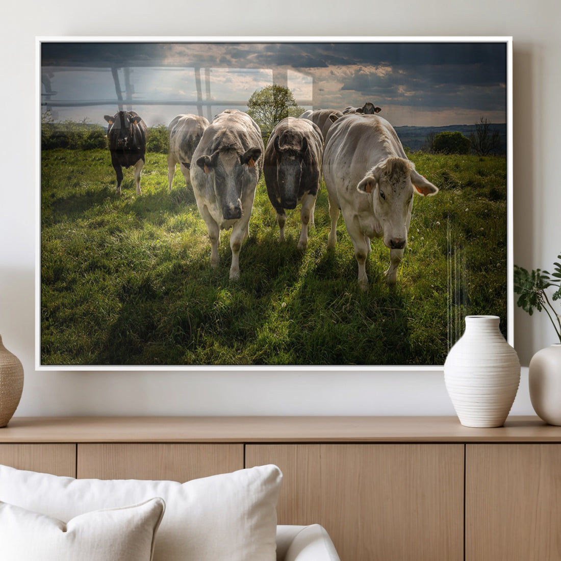 Grazing Cattle Herd Wall Art Canvas Print, Framed Green Pasture Farm Scene