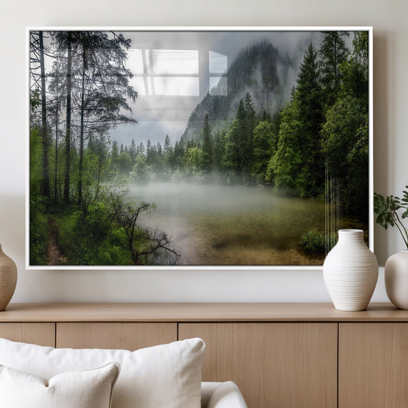 93123937-MGV-CV-60X30-3P_White-Misty Lake Forest Green Trees Calm Water Reflection Mountain Fog Nature Landscape Outdoor Scenic Beauty Wall Art Canvas Print