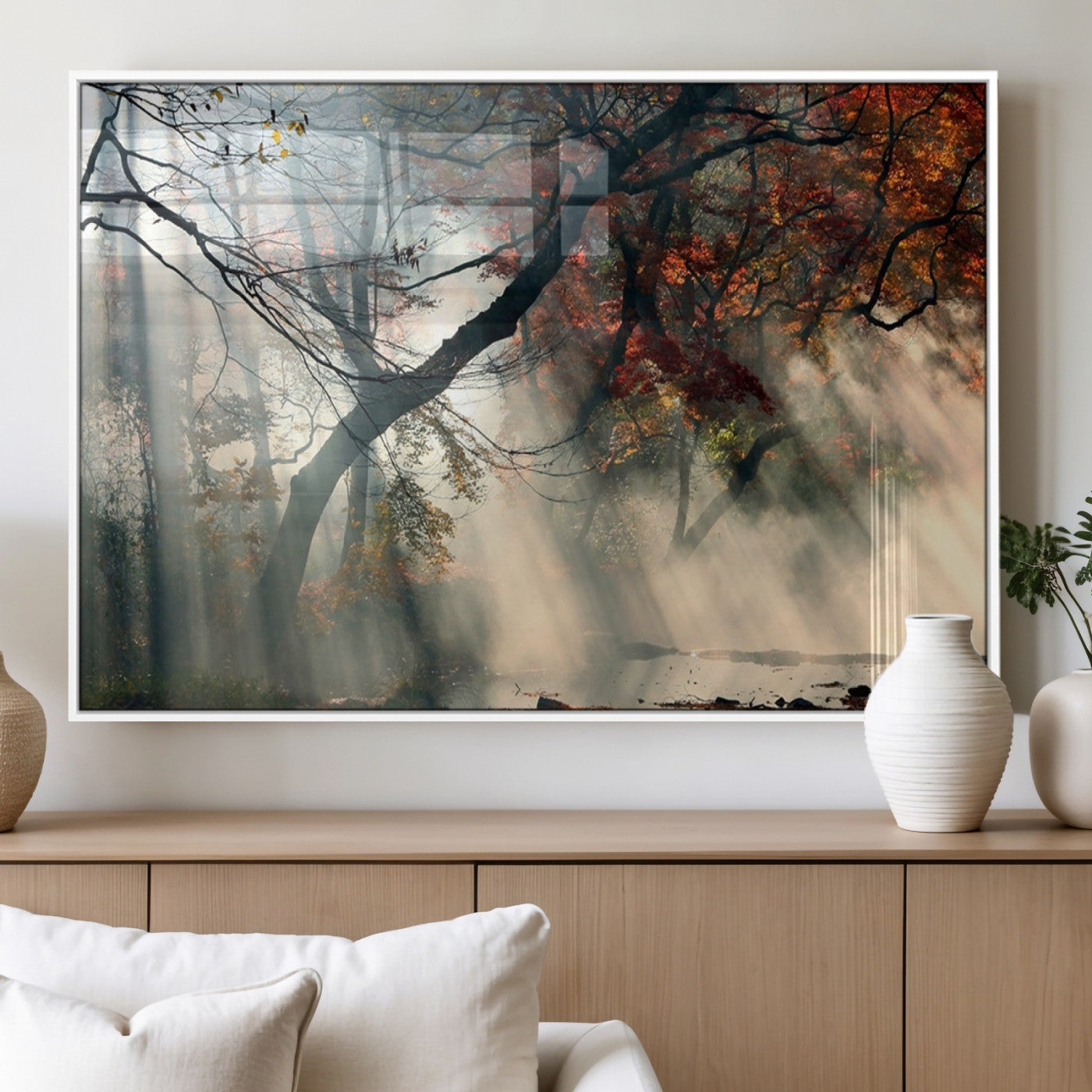 36043878-MGV-CV-60X30-3P_White-Sunlit Autumn Forest Mist Trees Rays Fog Nature Scenic Peaceful Tranquil Leaves Landscape Morning Glow Warmth Wall Art Canvas Print