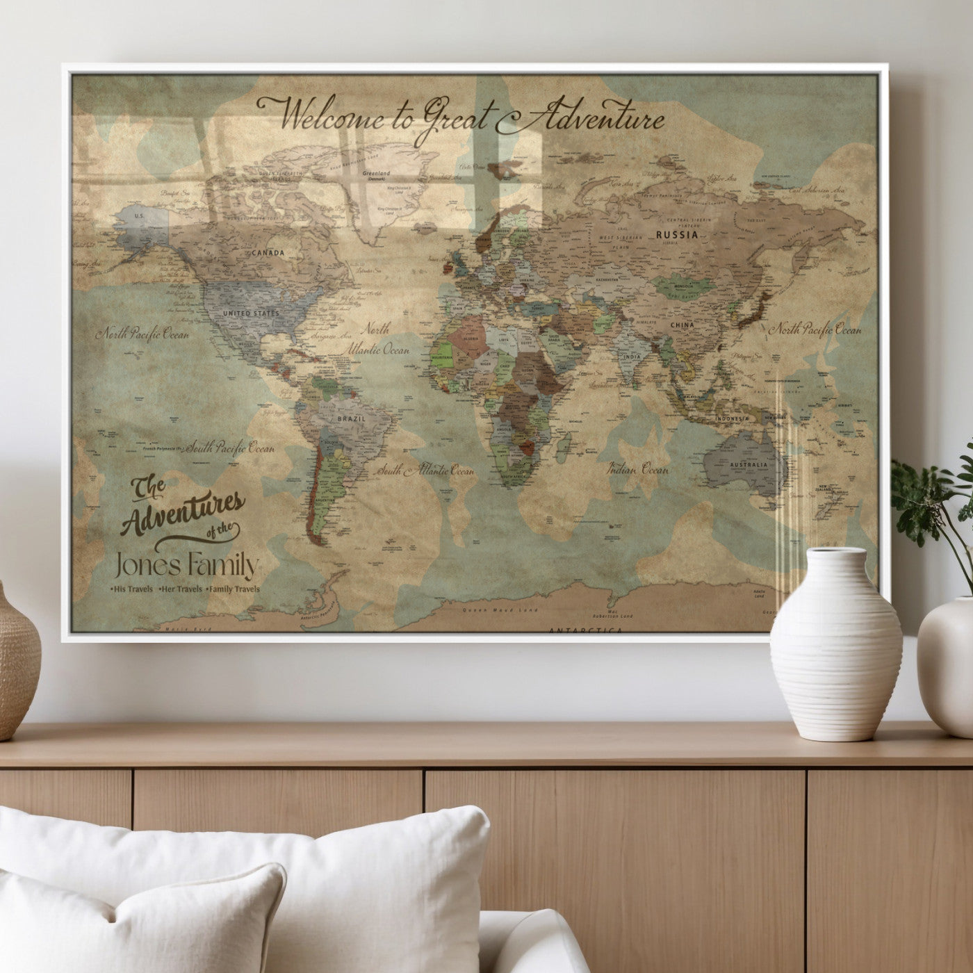 70680424-MGV-FP-36X24-3P_White-Personalized World Map Wall Art Canvas Print – Customizable Push Pin Framed Travel Map Artwork for Home Office