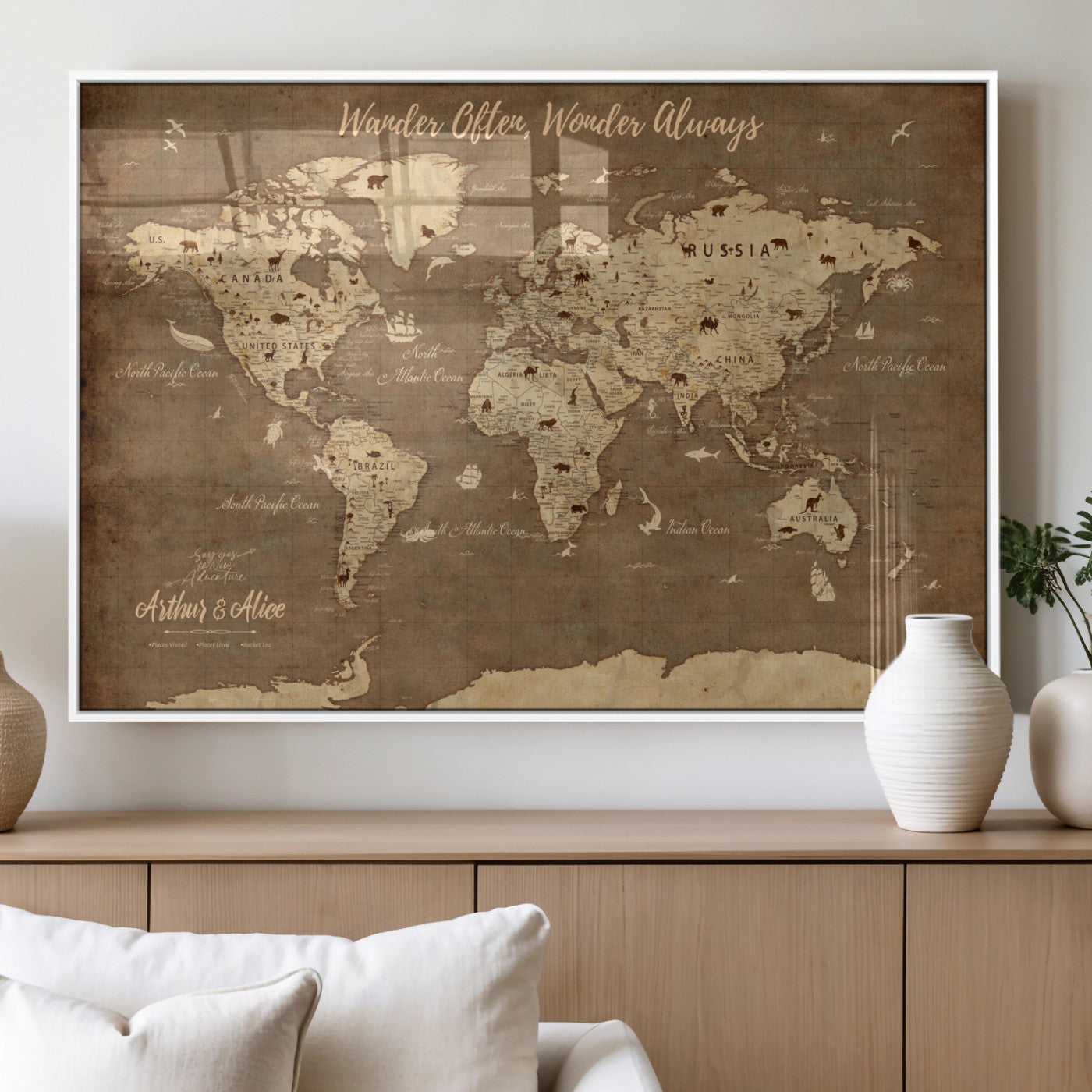 MGV-FP-36X24-3P - Personalized World Map Wall Art Canvas Print – Custom Push Pin Travel Map for Couples, Families, or Office Décor