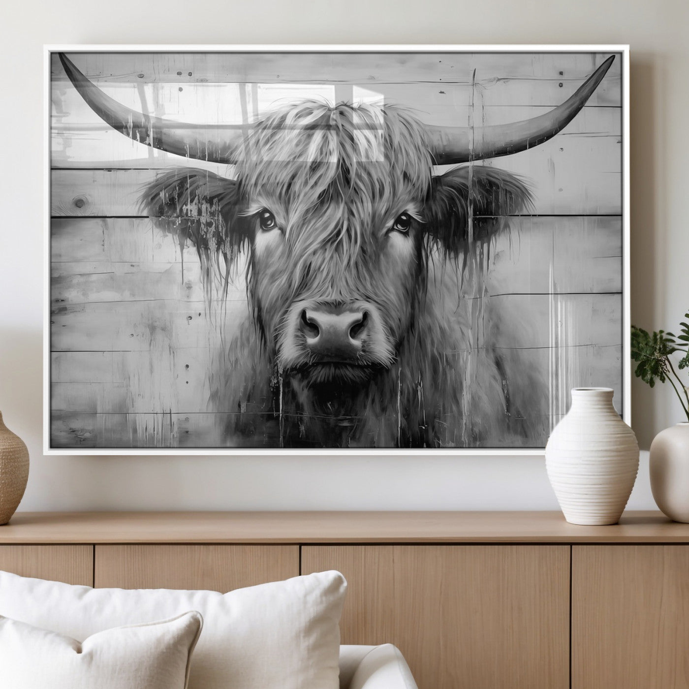1001HASAN27-MGV-FP-36X24 - Black White Highland Cow Wall Art Canvas Print