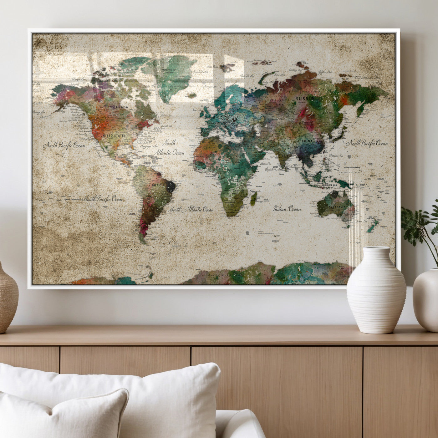 87544591-MGV-CV-36X24 - World Map Wall Art Canvas Print, Modern Decorative Framed Map Artwork Prints for Living Room, Office, Bedroom Wall Decor