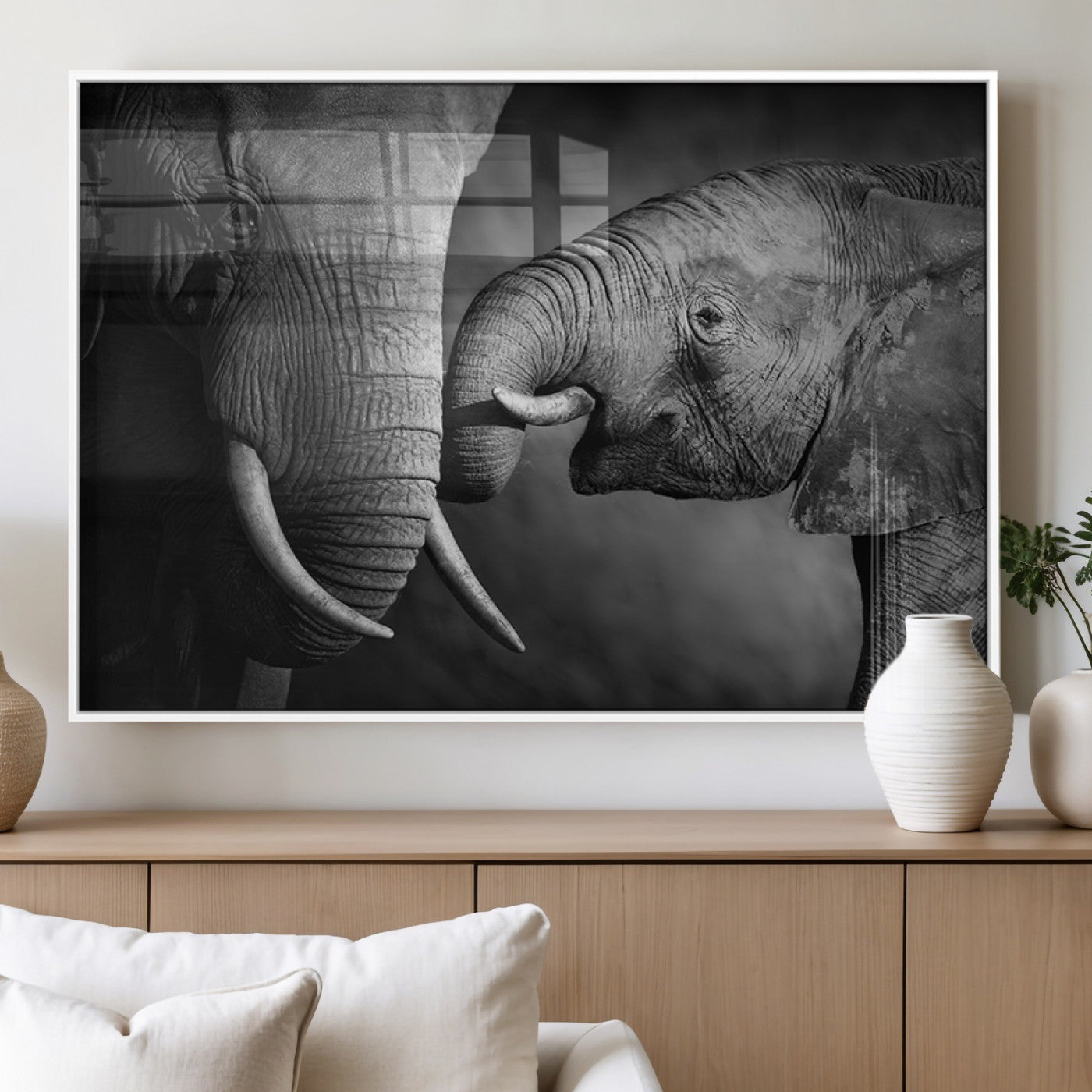 42691-MGV-FP-36X24-3P_White-Elephant Family Wall Art Canvas, Framed Elephant Family Canvas Print