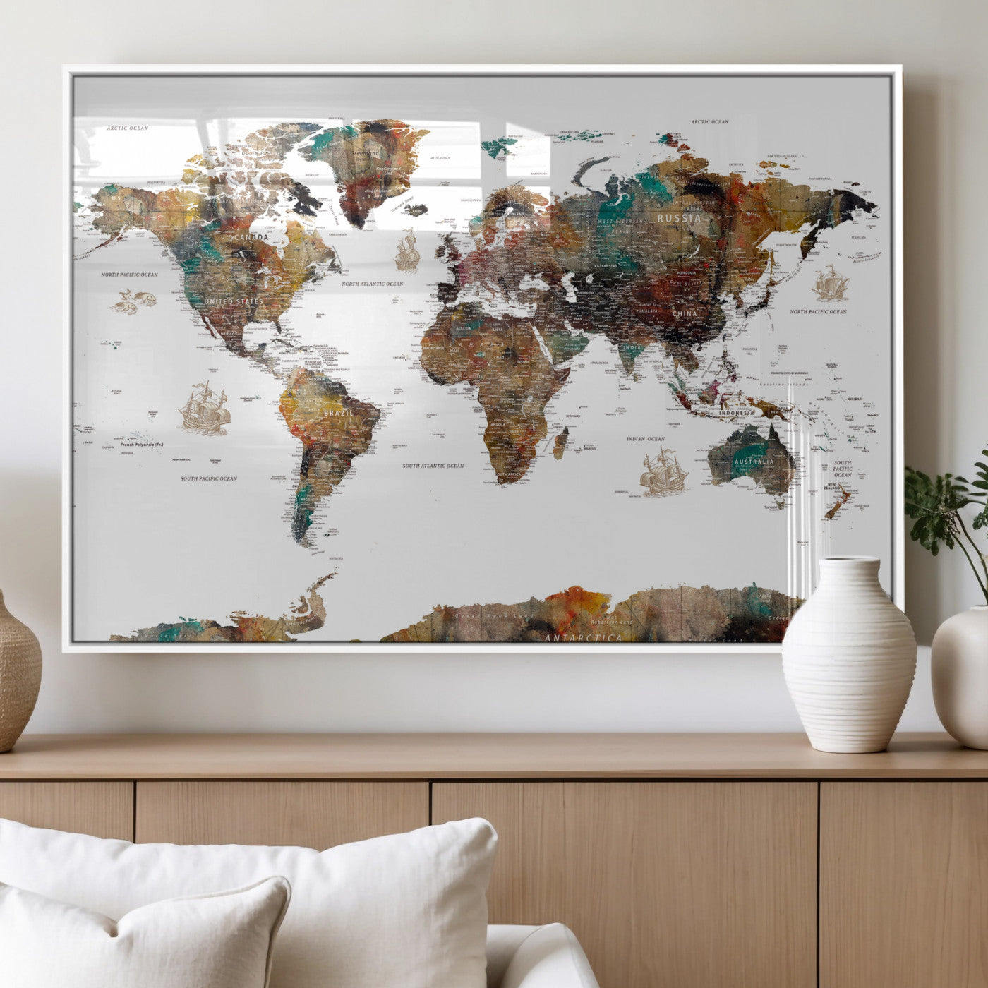 82293175-MGV-CV-36X24 - World Map Wall Art Canvas Print, Modern Decorative Framed Map Artwork Prints for Living Room, Office, Bedroom Wall Decor