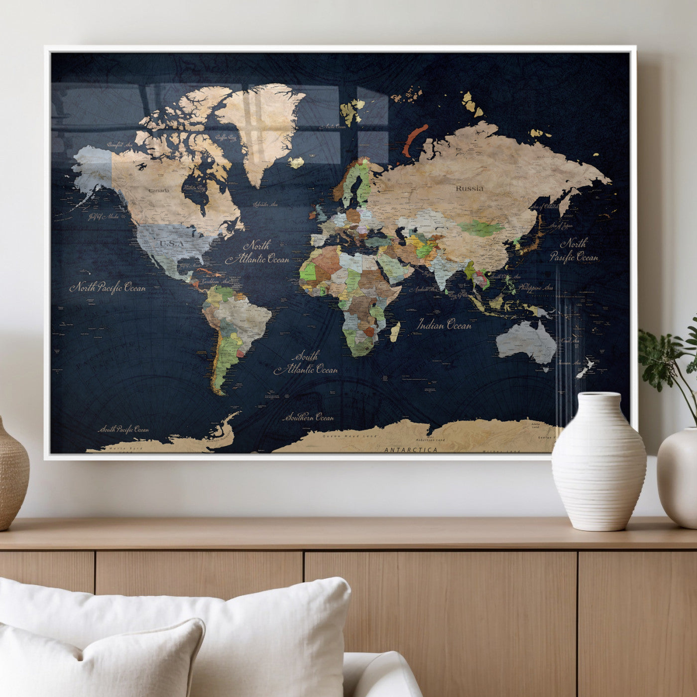 76603563-MGV-CV-36X24 - World Map Wall Art Canvas Print, Modern Decorative Framed Map Artwork Prints for Living Room, Office, Bedroom Wall Decor