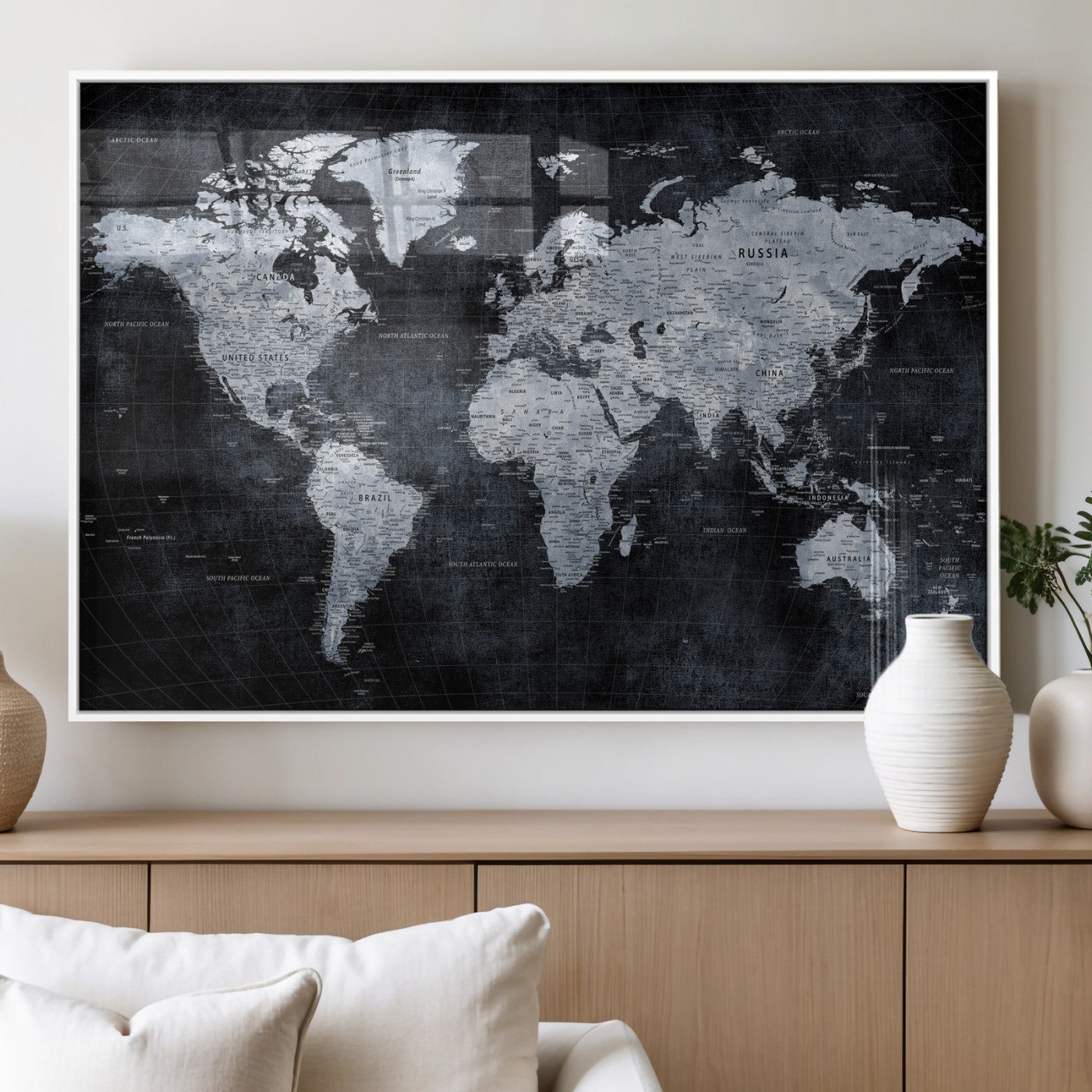 86893704-MGV-CV-36X24 - World Map Wall Art Canvas Print, Modern Decorative Framed Map Artwork Prints for Living Room, Office, Bedroom Wall Decor