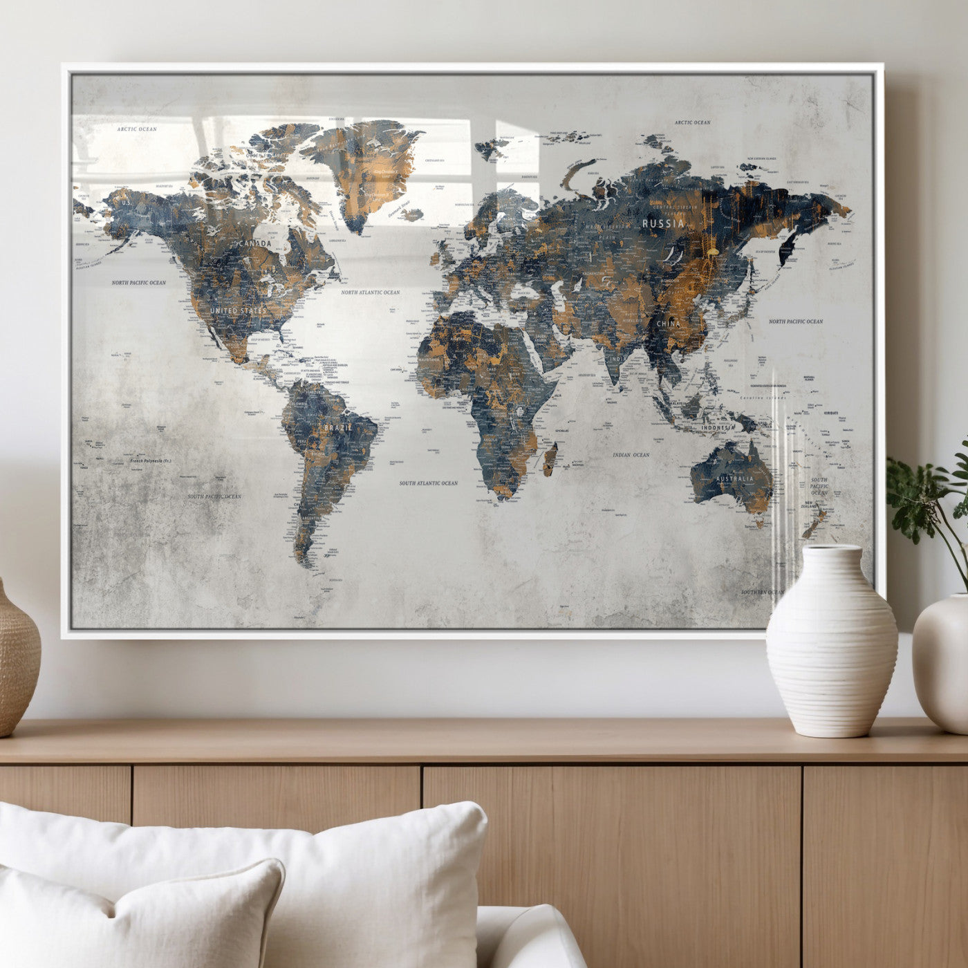 52451147-MGV-CV-36X24 - World Map Wall Art Canvas Print, Modern Decorative Framed Map Artwork Prints for Living Room, Office, Bedroom Wall Decor